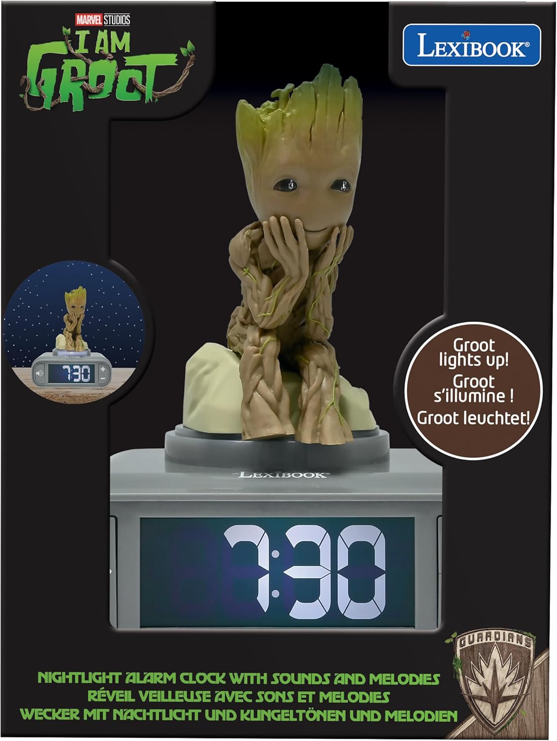 Lexibook, Marvel Guardians of the Galaxy, Groot nachtlampje wekker, geluiden en melodieën, LCD-scherm met achtergrondverlichting, verlichting, sluimerstand, grijs/bruin, RL800GG