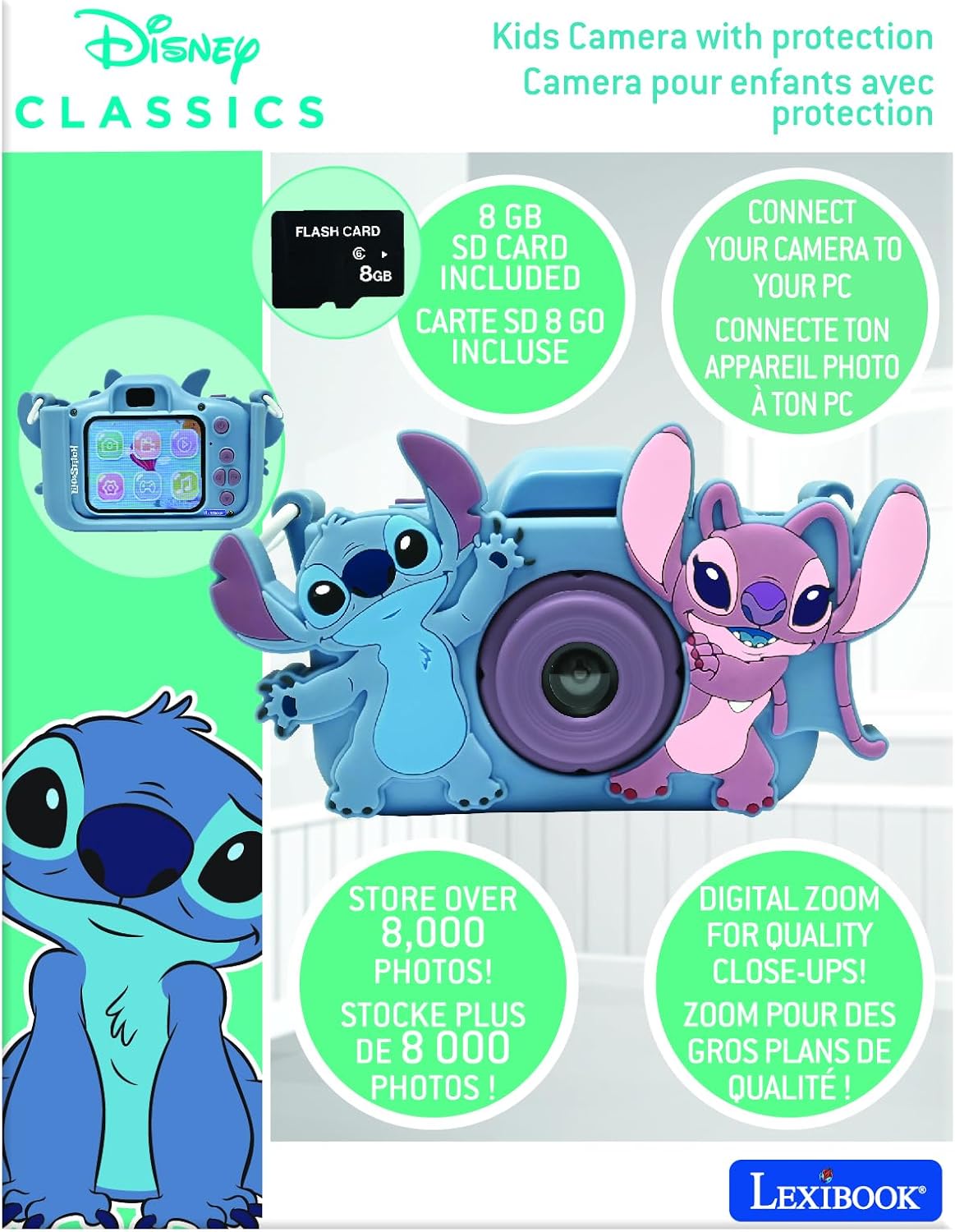 Lexibook, Disney Stitch, Fotocamera 4 in 1 per bambini con protezione, Funzioni foto, video, MP3 e giochi, 15 cornici per personalizzare le tue foto, Scheda di memoria da 8 GB inclusa, DJ078D
