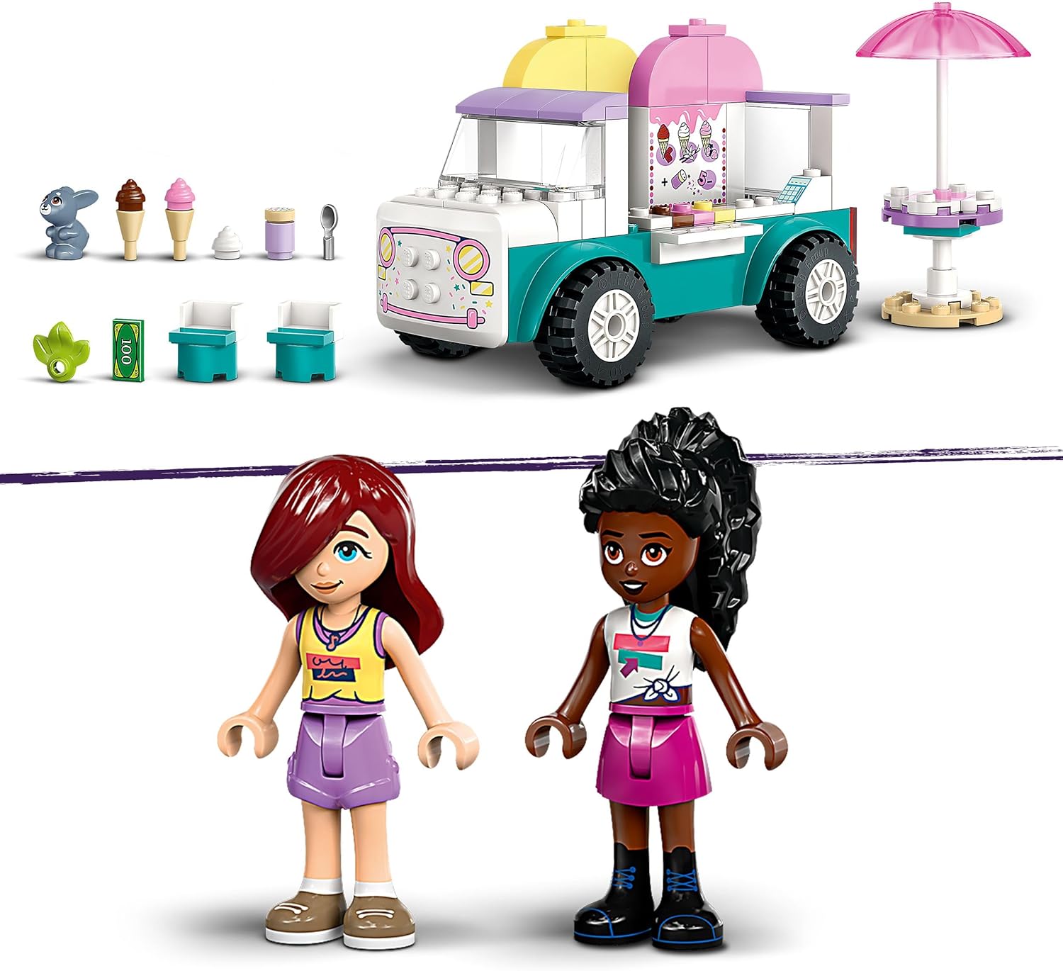 LEGO Friends Heartlake City Ice Cream Van Toy, Creative Pretend-Play Food Set for 4 Plus Year Old Girls, Includes 2 Mini Dolls and a Bunny Figure 42644