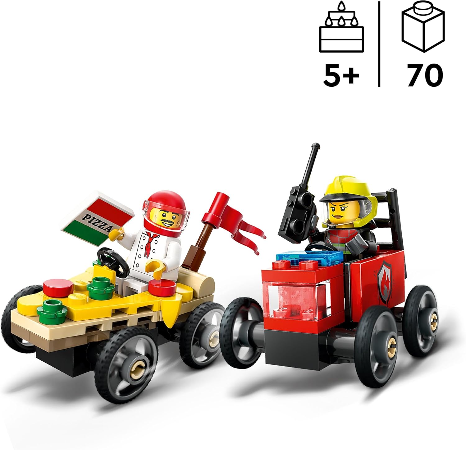 LEGO City Pizzalieferwagen vs. Löschauto - Seifenkisten Spielzeug für Mädchen und Jungen ab 5 Jahren - Bauset mit 2 Fahrer Minifiguren - Geschenk zum Geburtstag & für die Feiertage 60458