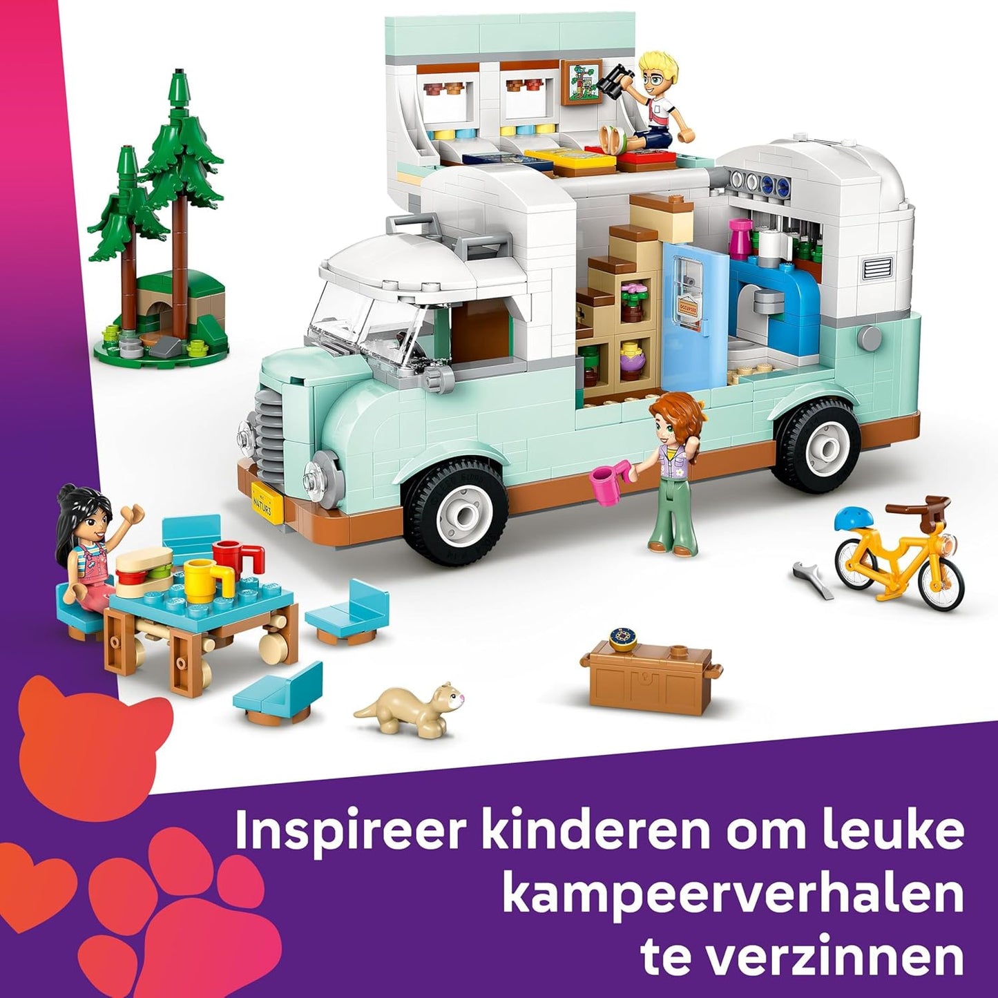 LEGO Friends Wohnmobil, Bauset für Rollenspiele mit einem Spielzeug Wohnwagen, Geschenk für Mädchen ab 7 Jahren, kreatives Spielset mit 3 Minifiguren und Frettchen Tierfigur 42663