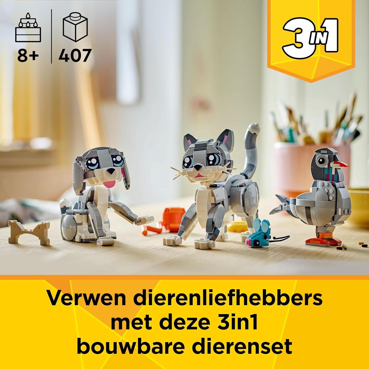 LEGO Creator 3in1 Playful Cat Toy - Transforms into a Pigeon or Pet Dog Figure - Animals Building Set for Kids, 8+ Year Old Girls & Boys - Creative Birthday Gift Idea - 31163