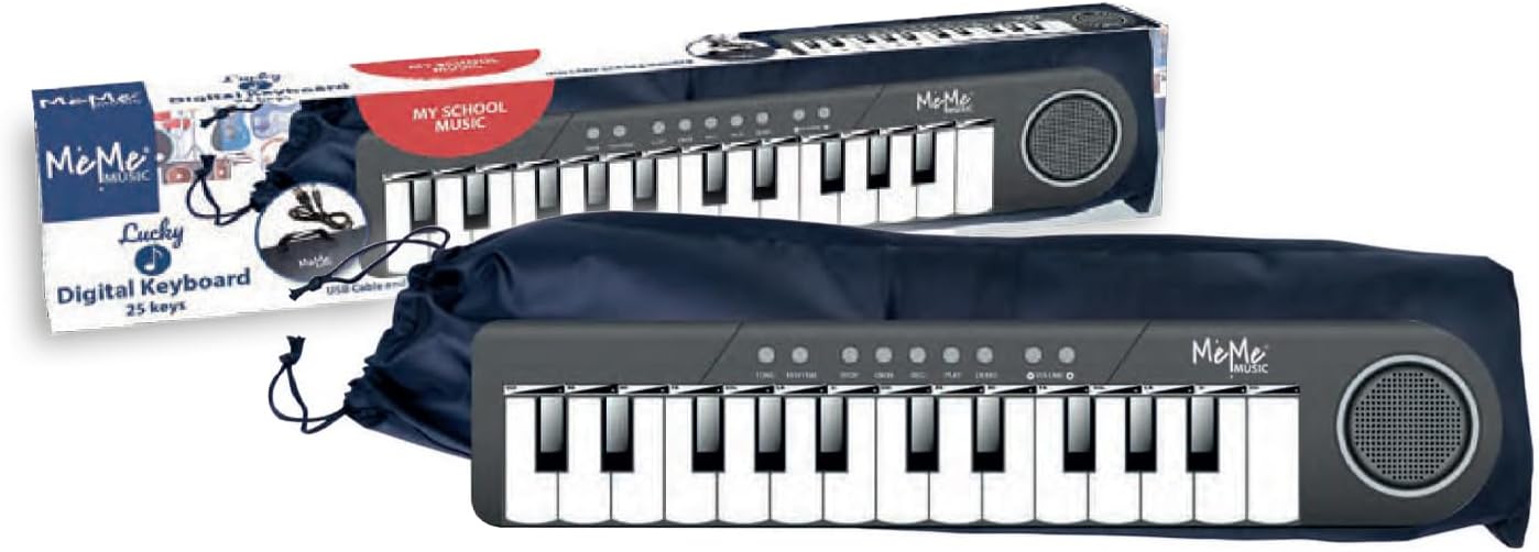 MeMe digitaal toetsenbord met 25 toetsen, middenkruis met draagtas, USB-kabel, 8 tonen, 8 ritmes, 5 demo, metronoom, transpose transmissie 1 octaaf, concert, schooltoetsenbord, afmetingen: 37 cm x 7