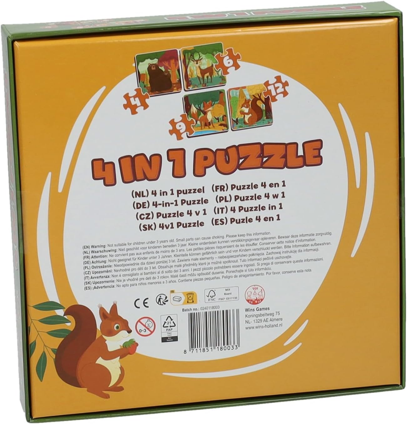 Wins Holland - Legpuzzel 4in1 - Bosdieren 12st.