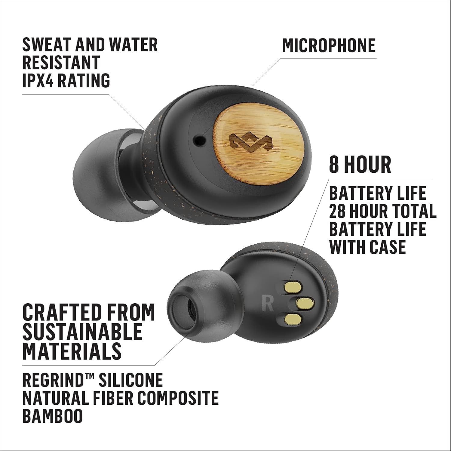 House of Marley Champion True Wireless, Auricolari Bluetooth 5.0 Compatti con Custodia Ricaricabile a Ricarica Rapida, Include 3 Paia di Auricolari Gel Multiformato, Materiale Ecosostenibili, Nero