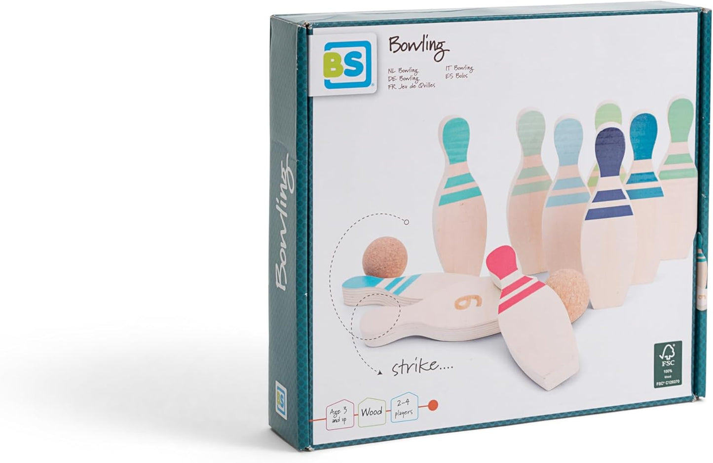 BS Toys Houten kegelspel, indoor- en outdoorspeelgoed, bevordert teamwerk en patroonherkenning, voor kinderen vanaf 3 jaar en ouder, 2-4 spelers