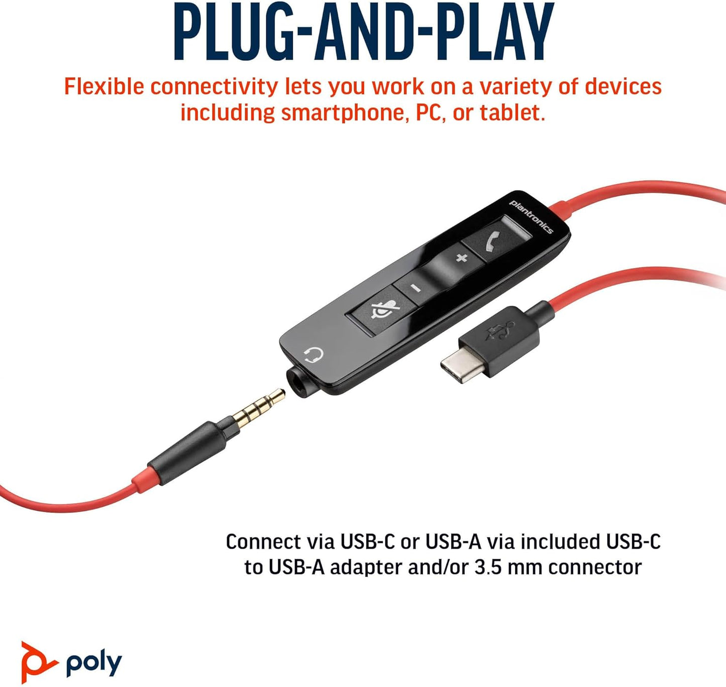 Poly Blackwire 5210 Wired Headset (Plantronics) - Flexible Noise-Canceling Boom Mic – Single-Ear Design - Connect to PC/Mac, Mobile via USB-C, USB-A, or 3.5 mm - Works w/Teams, Zoom 2023 Version (USB-C & USB-A)