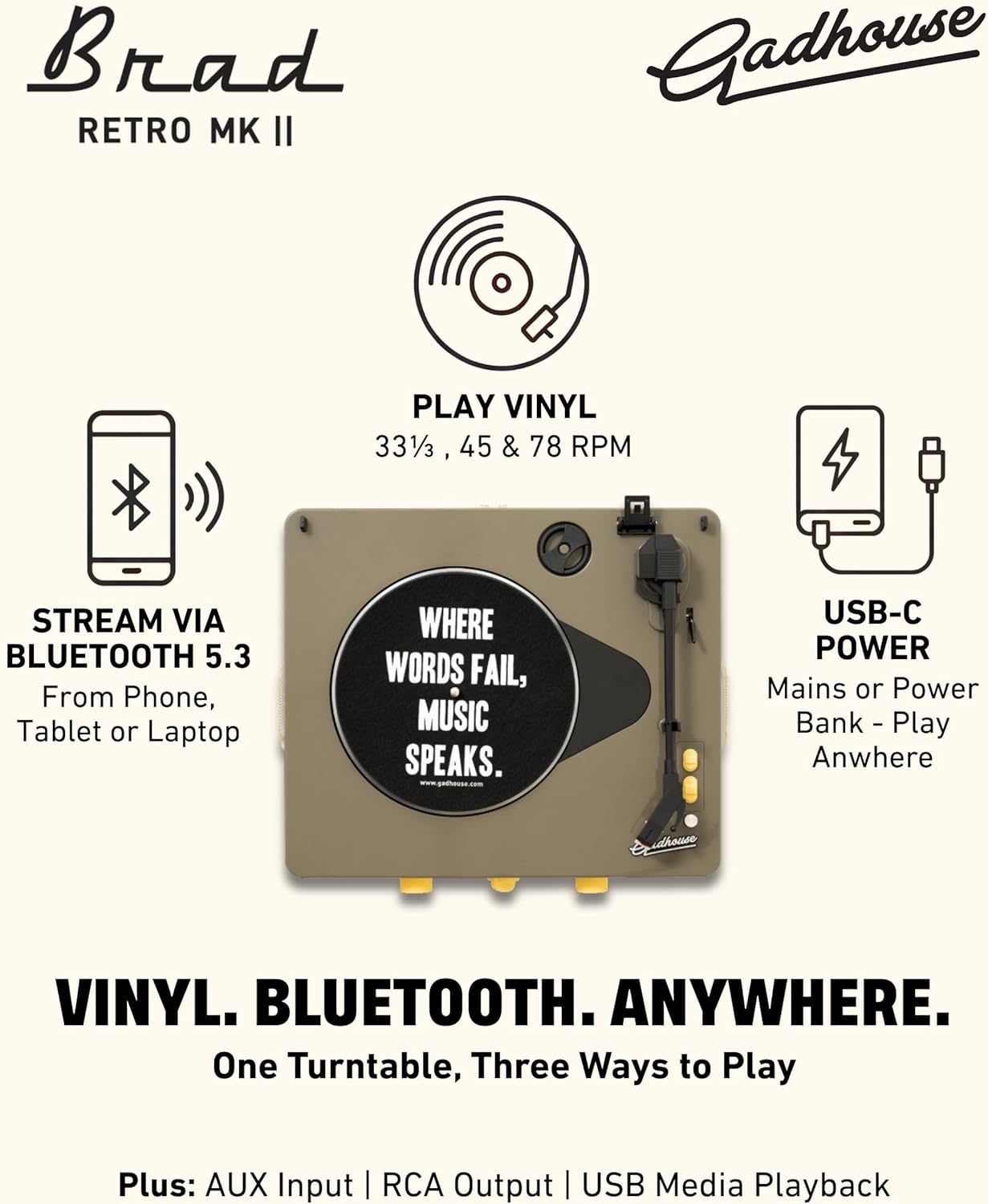 Brad Mkii Record Player (Built-In Bluetooth 5.0 & Pitch Control) (Grey)