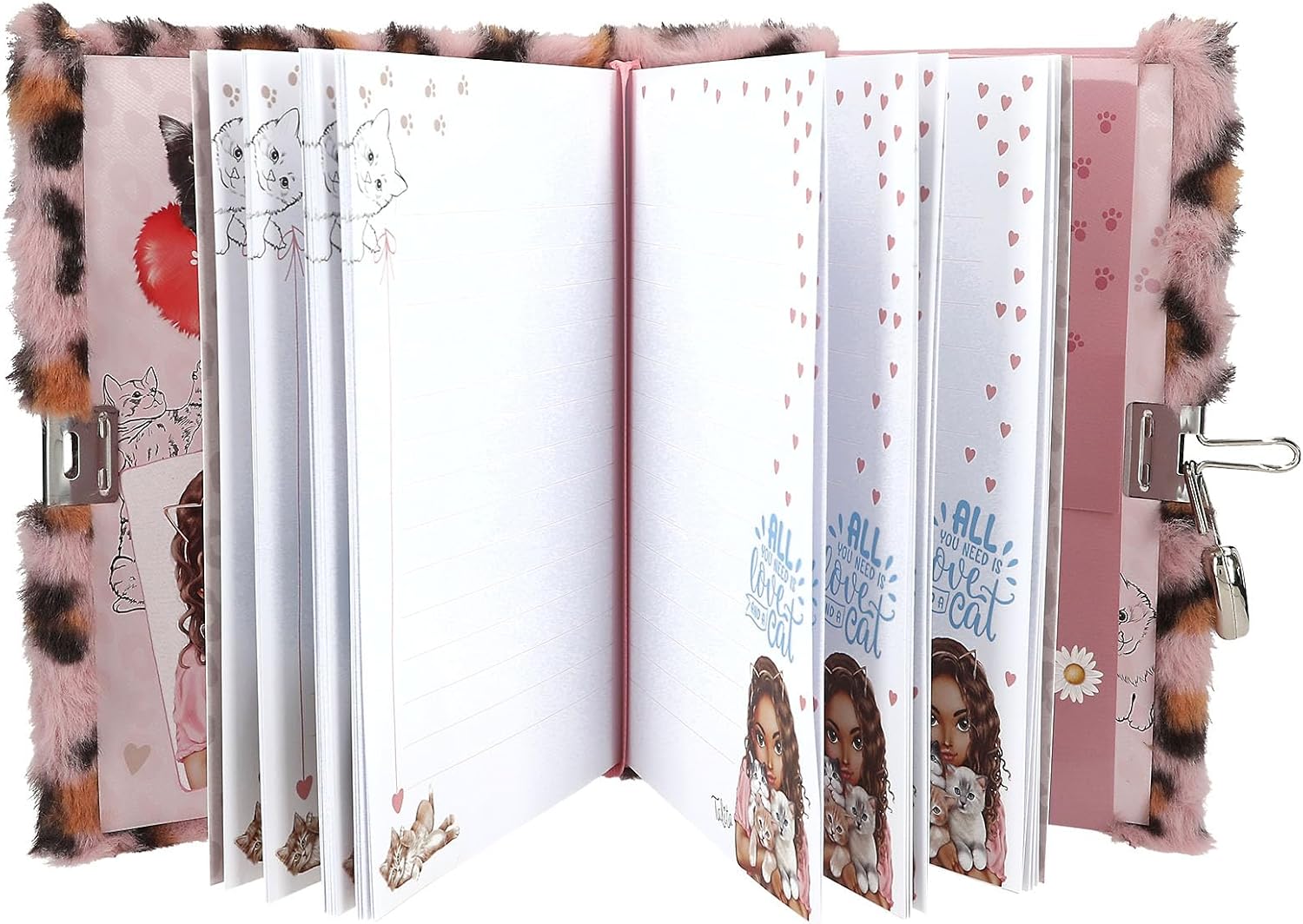 Depesche 13357 TOPModel Cosy Cat - Dagboek met slot, dagboek met leo bont in roze-bruin, 96 gelinieerde en geïllustreerde pagina's voor aantekeningen