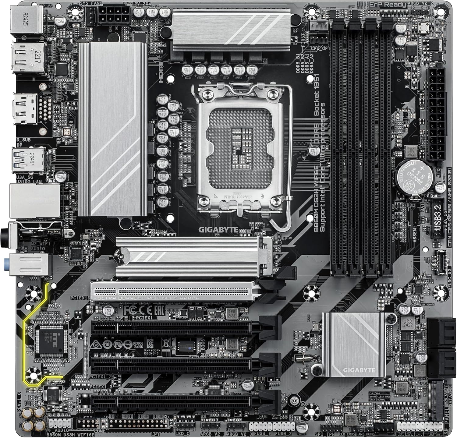 GIGABYTE B860M DS3H WIFI6E Motherboard - Intel Core Ultra Series CPUs, 5+1+2+1 Phases VRM, up to 9066MHz DDR5, 1xPCIe 5.0 + 1xPCIe 4.0 M.2, 2.5GbE LAN, WIFI 6E, USB 3.2 Gen 2