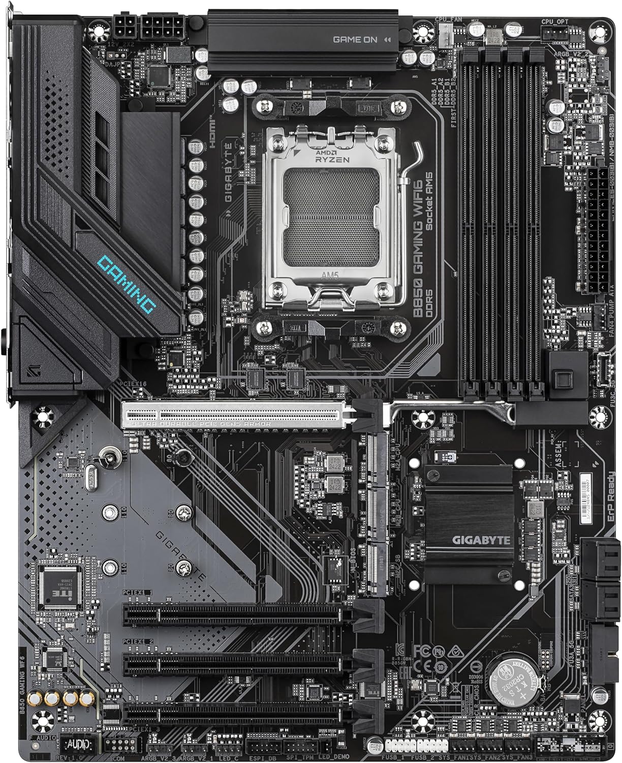 GIGABYTE B850 GAMING WIFI6 Motherboard - AMD Ryzen 9000 Series CPUs, 6+2+2 Phasen Digital VRM, up to 8200MHz DDR5 (OC), 1xPCIe 5.0 + 2xPCIe 4.0 M.2, GbE LAN, WIFI 6, USB 3.2 Gen 2