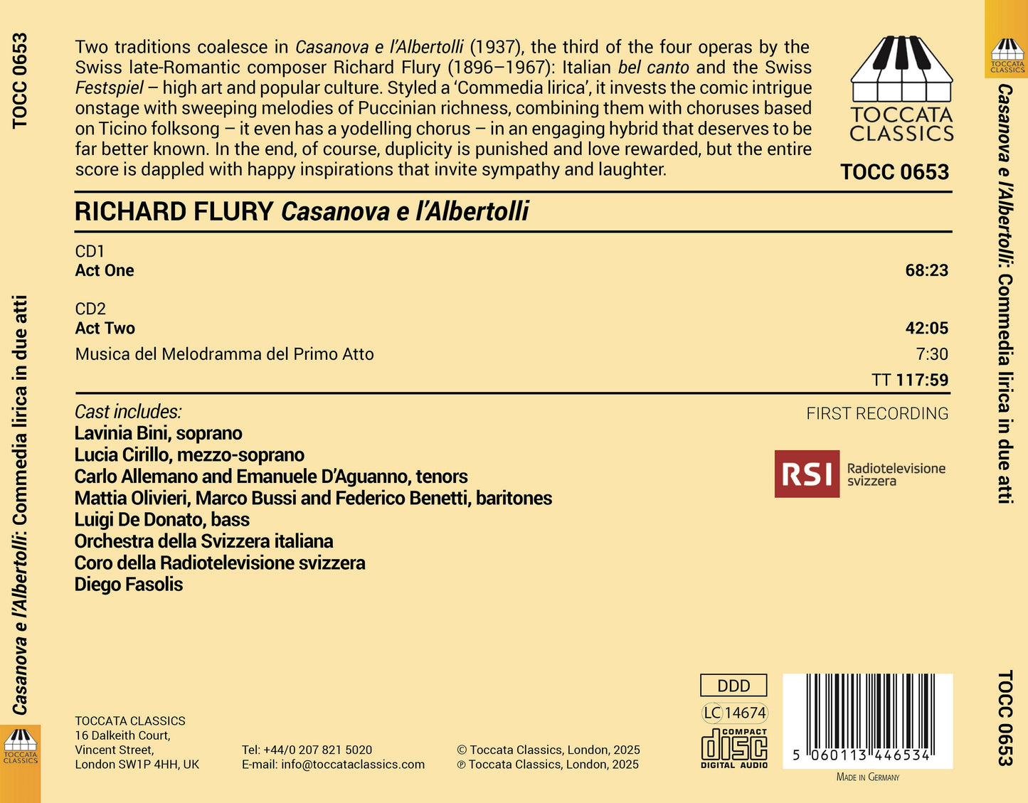 Richard Flury: Casanova E L'Albertolli: Commedia Lirica in Due Atti