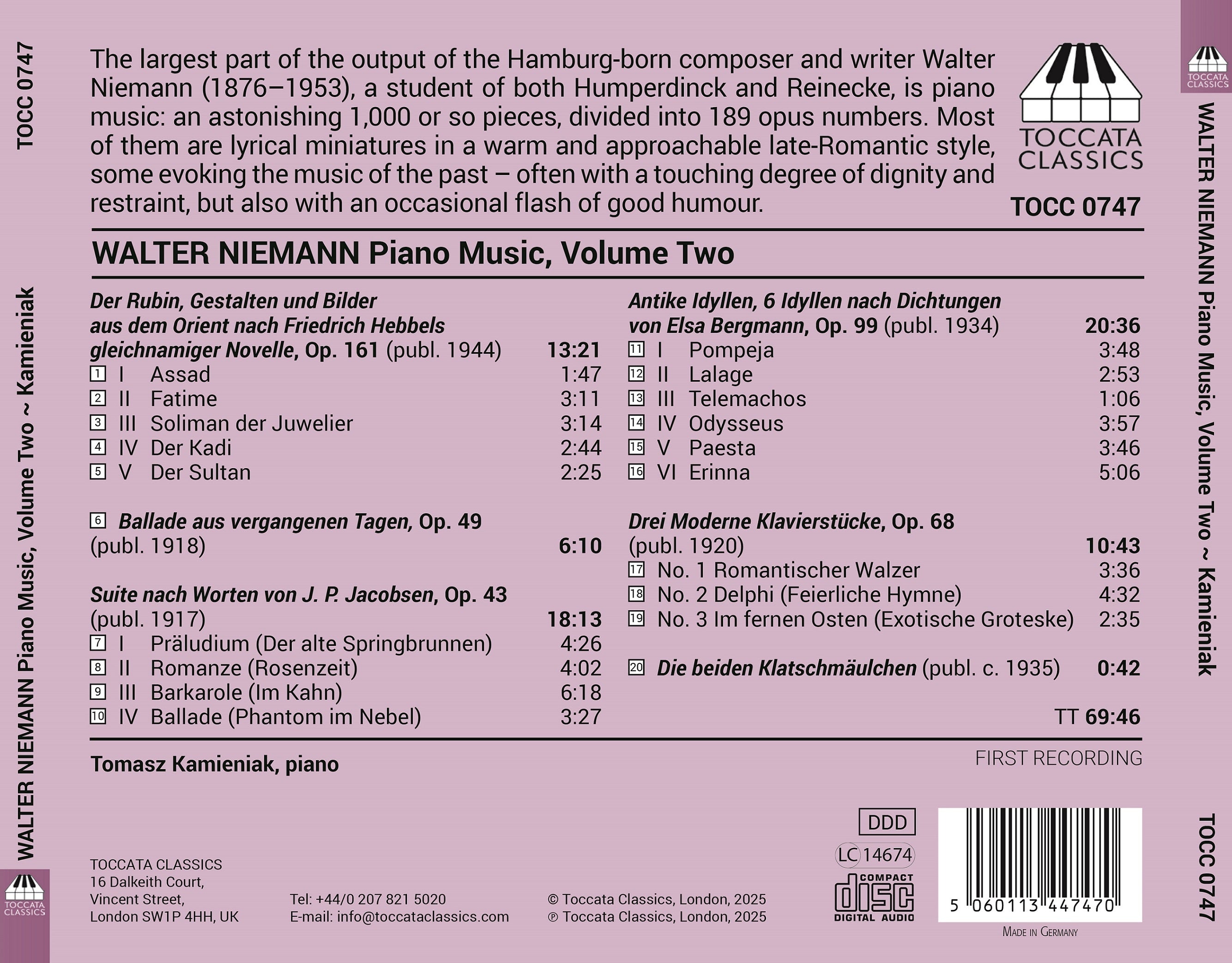Walter Niemann: Piano Music - Volume 2