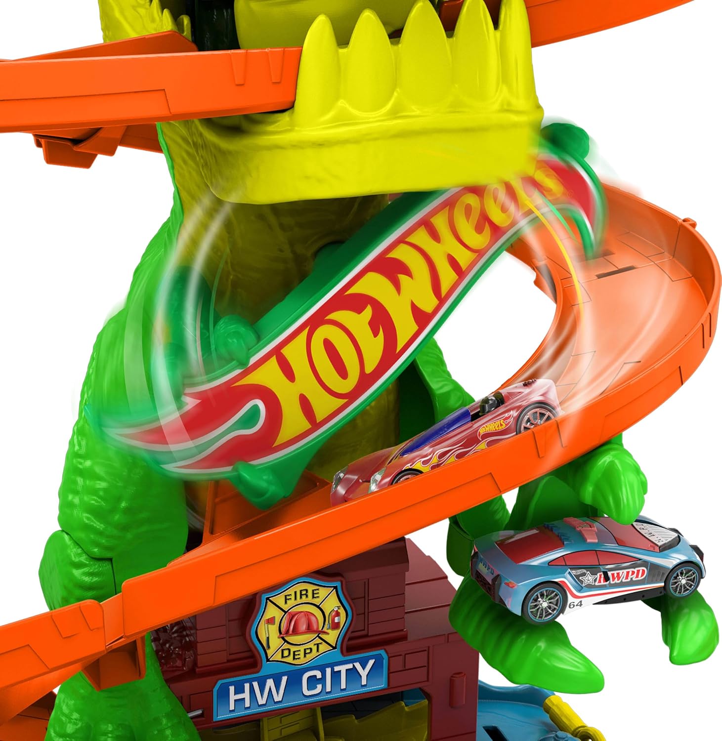 Hot Wheels Zakręcony tor Remiza T-rexa Zestaw do zabawy (ok. 35 cm wysokości), tor samochodowy, dinozaur o ruchomych oczach, metalowy samochód w skali 1:64, kilka możliwości zabawy, JBM73