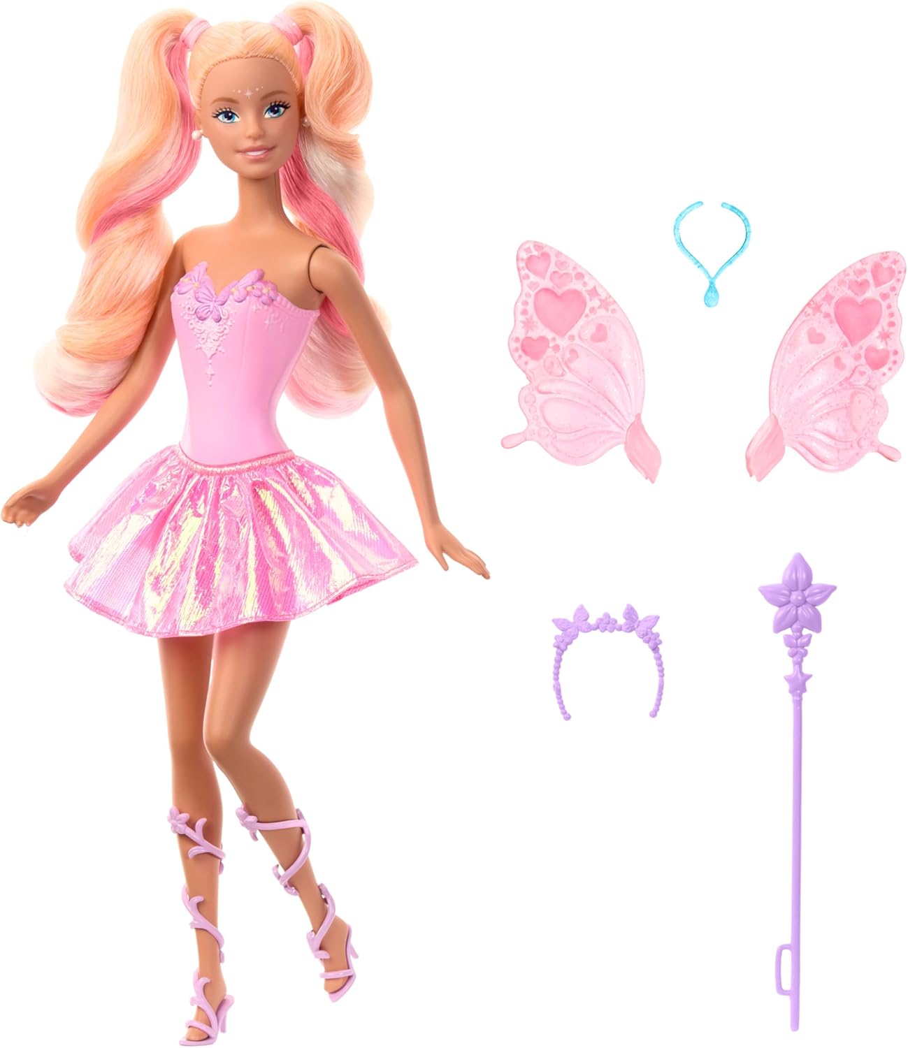 Mattel Barbie Fairy Doll with Toy Wand & Fashion Accessories, Fantasy Theme with Color-Change Fun on Wings & Outfit, JCP76