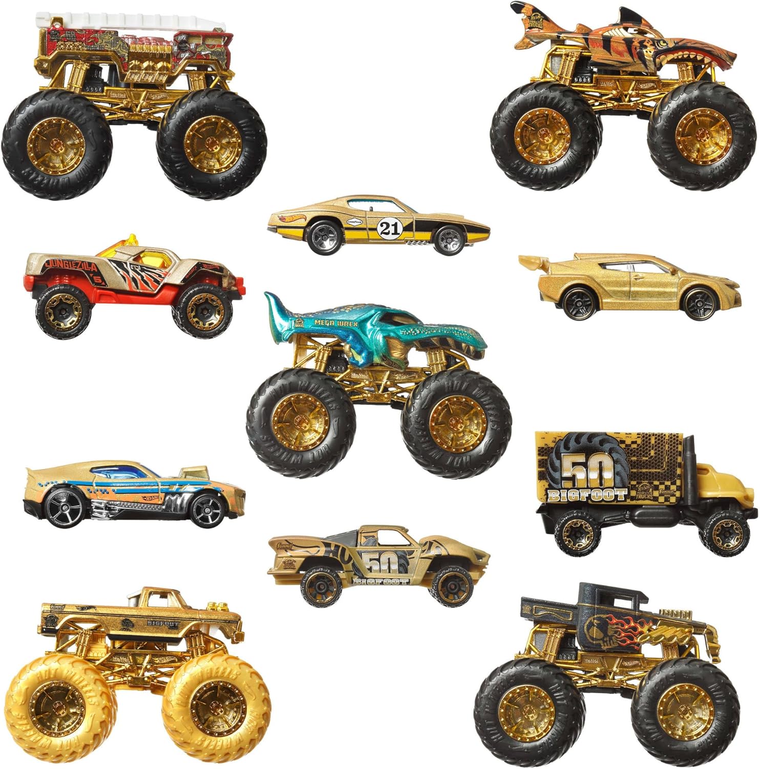 Hot Wheels Toy Cars & Trucks, Monster Trucks Trophy Champions Collection with Die-Cast Bigfoot, 5-Alarm, Bone Shaker, Mega-Wrex & Tiger Shark & 6 Cars, JDW07
