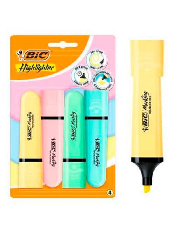 BIC Marking Flat Higlighter Pastel Highlighters Set of 4, 4 Pastel Colours (Yellow, Blue, Pink, Green), Water-Based, Quick Dry Ink