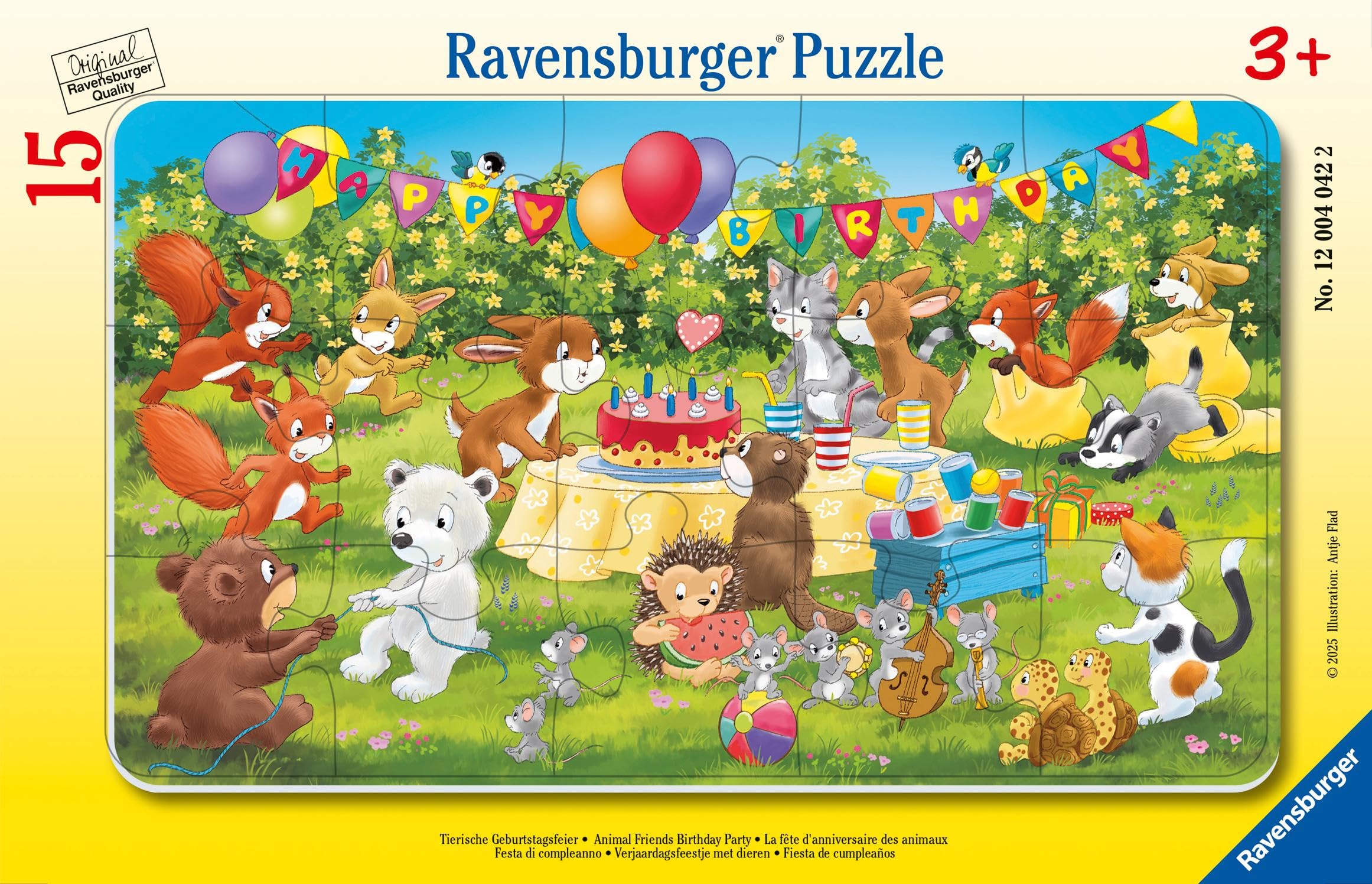 Ravensburger Kinderpuzzle - 12004042 Tierische Geburtstagsfeier - Rahmenpuzzle für Kinder ab 3 Jahren, mit 15 Teilen