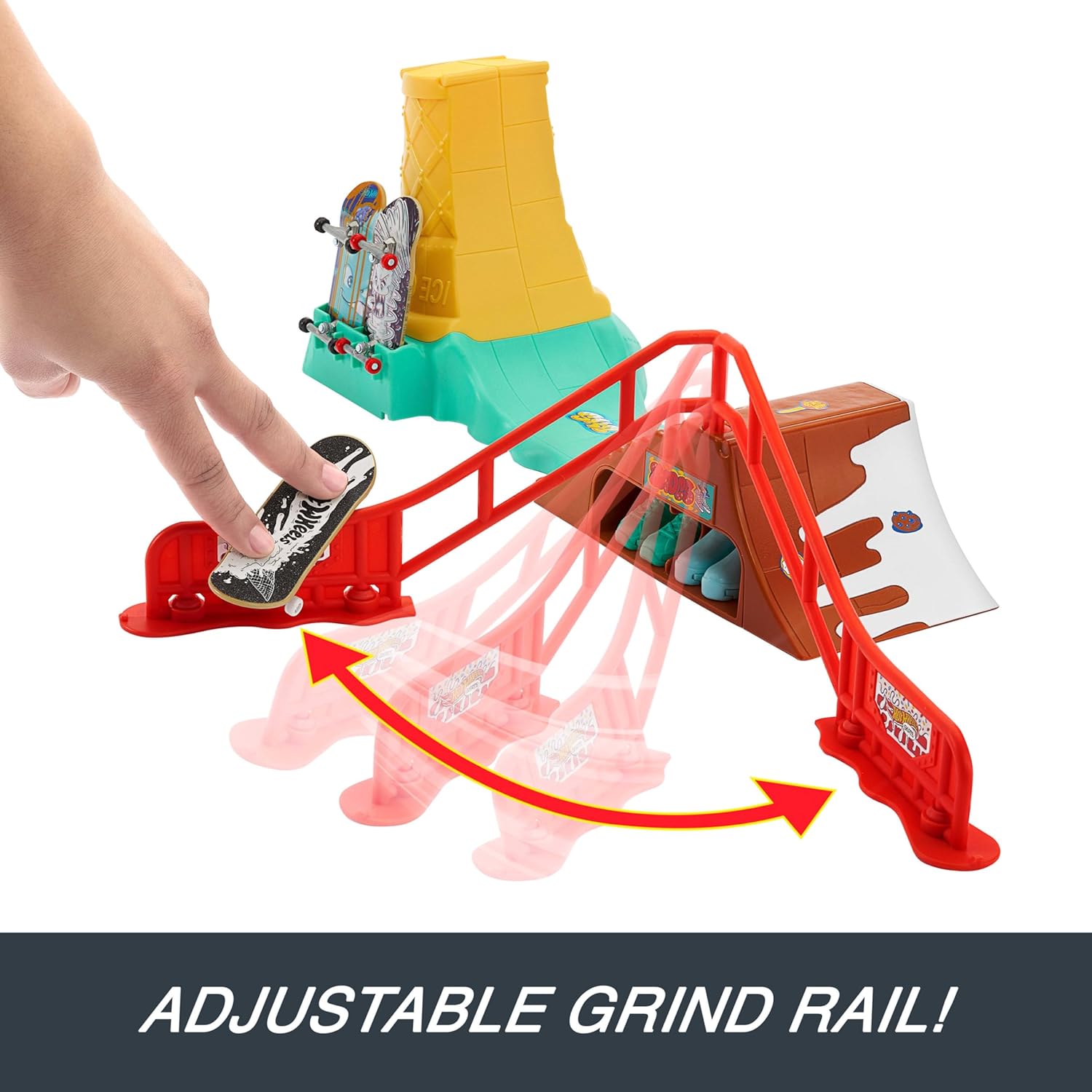 Hot Wheels Skate Fingerboard speelset met 1 exclusief vingerskateboard en paar afneembare skateschoenen, dessertthema met ingebouwde opslag