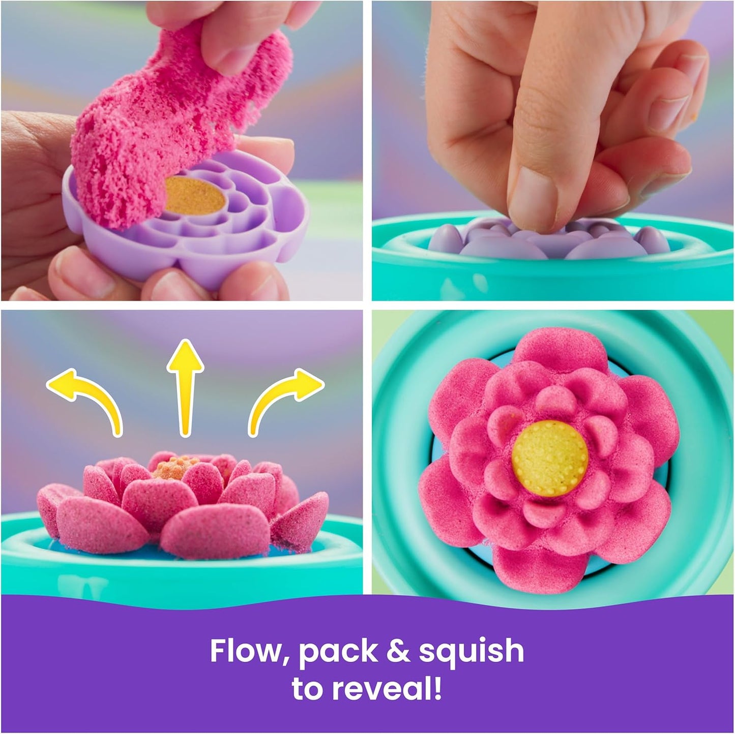 Kinetic Sand, SquishBlossom Blooming Flower with 227g Neon Yellow and Pink Play Sand, Pot and Moulds, Gifts for Mum and Kids, Arts and Crafts Sensory Toys