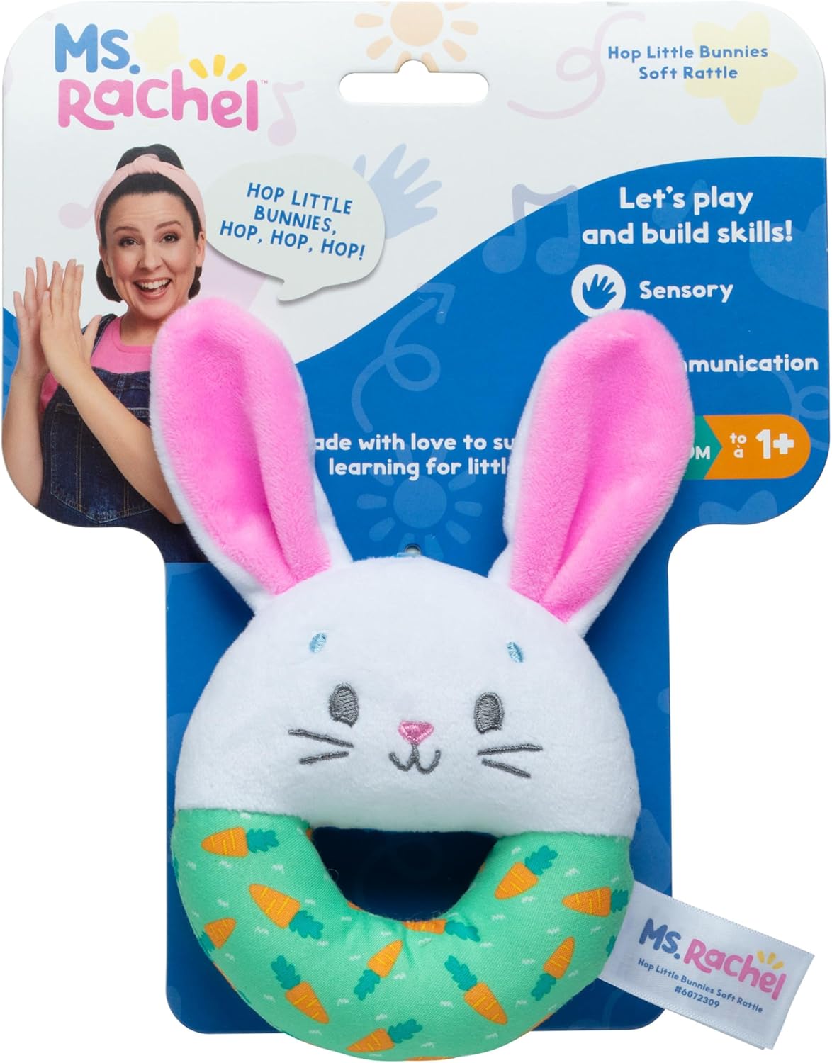 Ms. Rachel Official Hop Little Bunnies Soft Rattle Toy, Baby Teething Toys with Plush Bunny Cover, Toddler Toys for Girls & Boys for Ages 3 Months to 1+