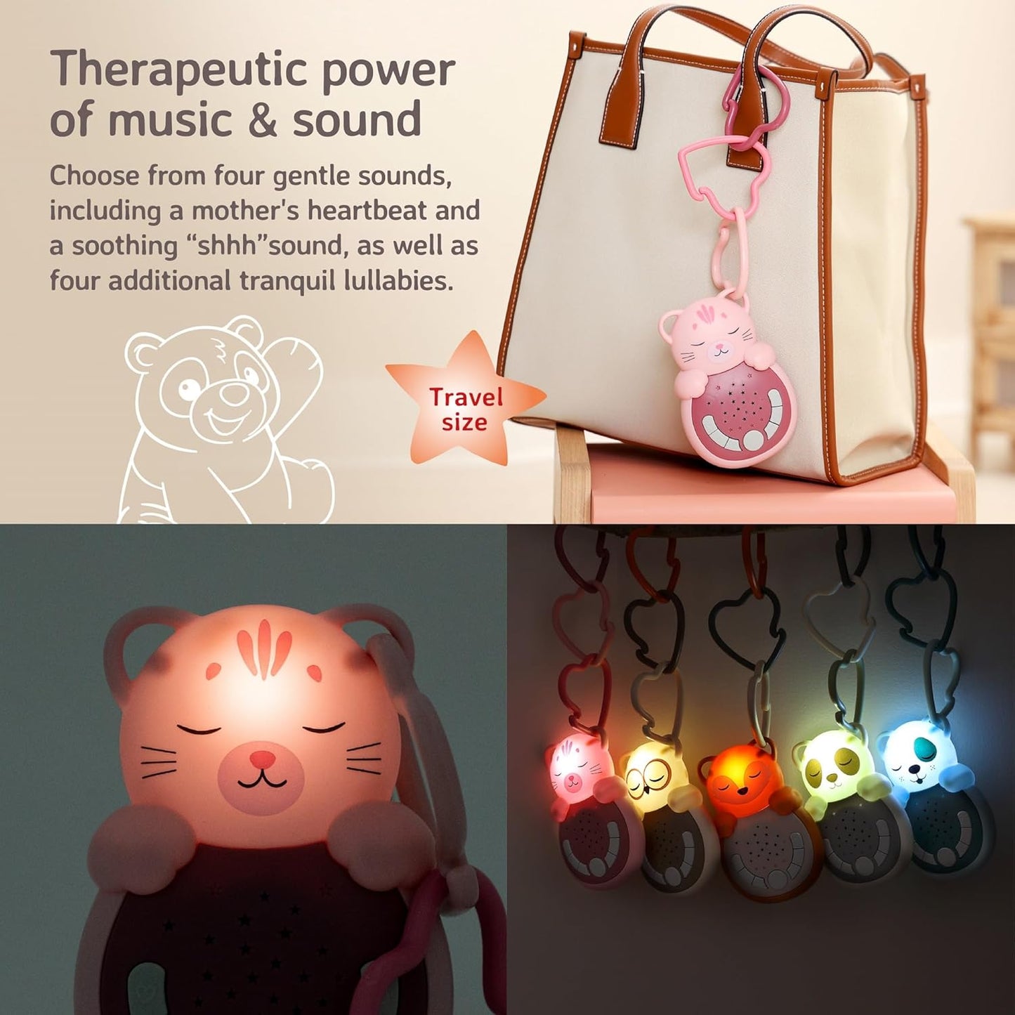 Cloud b Reise-Soundmaschine mit beruhigendem Licht, 4 weiße Geräusche und 4 Schlaflieder, reaktivierender intelligenter Sensor, Sweet Dreamz Cat