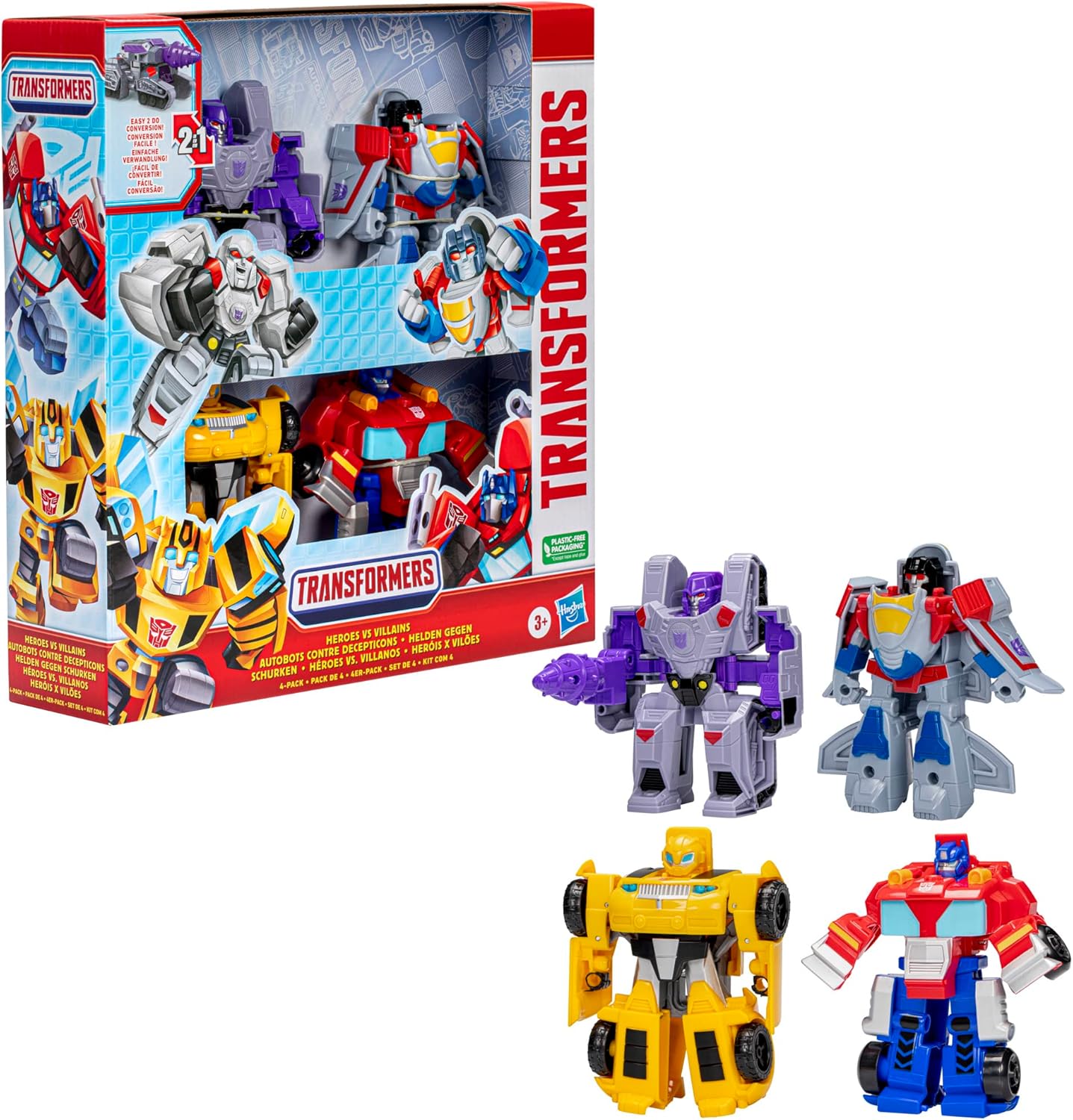 Transformers Toys Heroes vs Villains 4-Pack, Autobot and Decepticon 11-cm Action Figures, Preschool Robot Toys for Children Aged 3 and Up