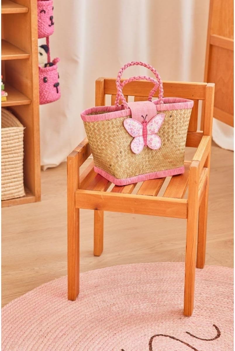 Rice Raffia Children's Bag Butterfly with Cute Butterfly Fastening, Handmade from Sustainable Raffia in Madagascar, Perfect Size 20 x 12 x 18 cm, Lightweight, Practical, Unique