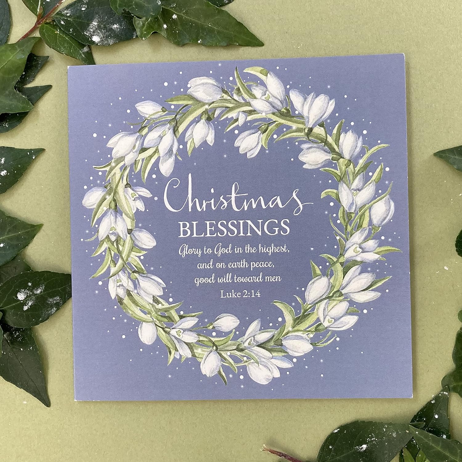 20 Christian Religious Christmas Bible Verse Cards of one design "Snowdrops Wreath" - 20 Christmas holiday cards with scripture - supporting missionary charity work