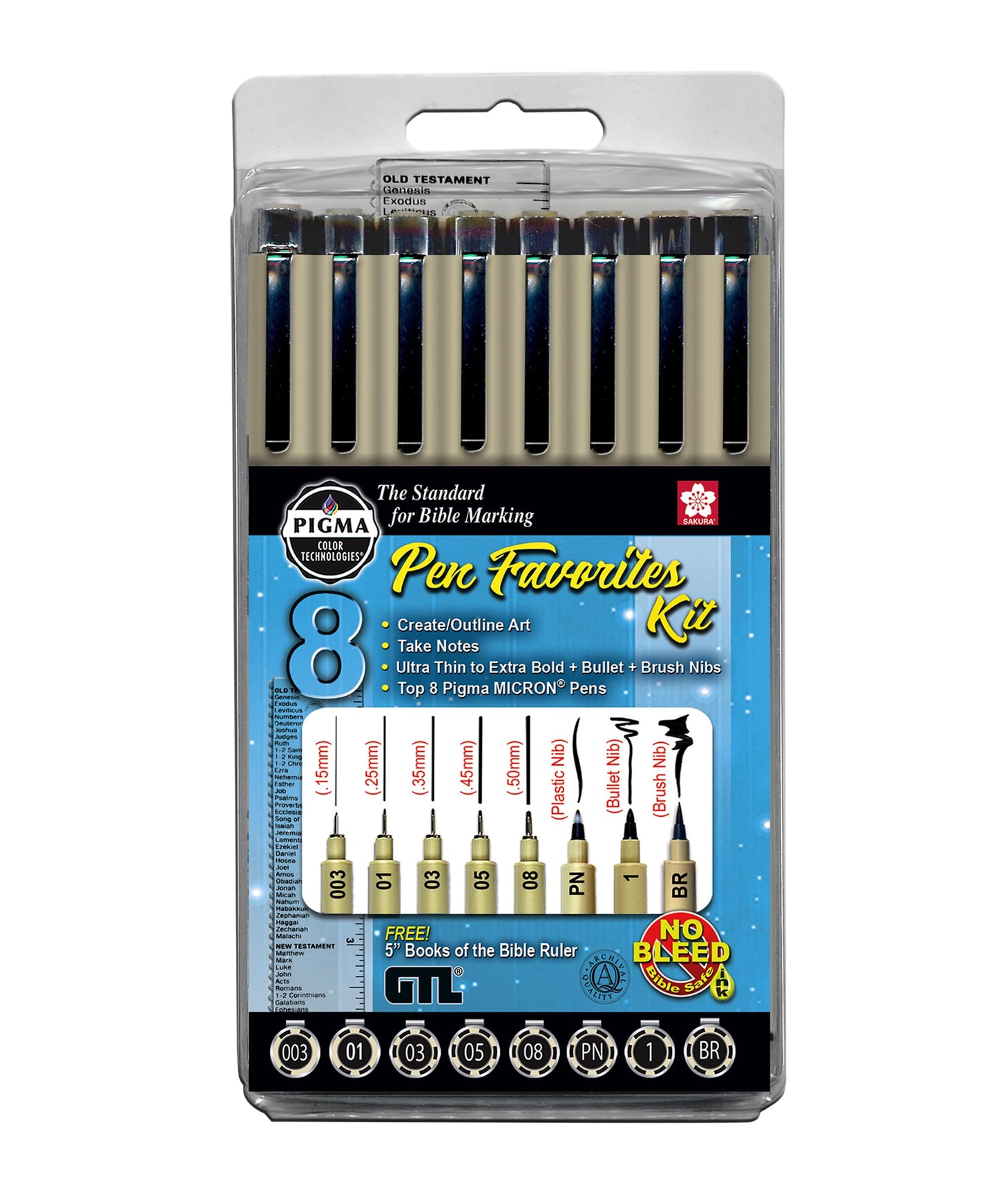 GTL Pigma Micron Favorites Black Pens 8 Piece Bible Study Set - Ultra Fine to Medium Point plus Brush, Bullet Tip and Bookmark