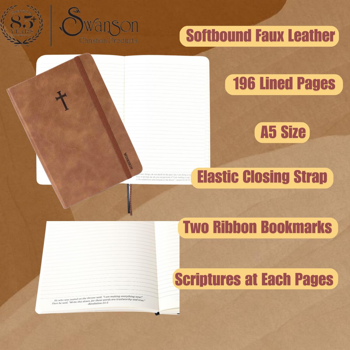 Swanson Christian Products Brown Wineskin Journal | Faux Leather Notebook | A5 Softcover Notebook | 196 College Ruled Pages | Daily Journal for Writing Work Notebook Note-Taking