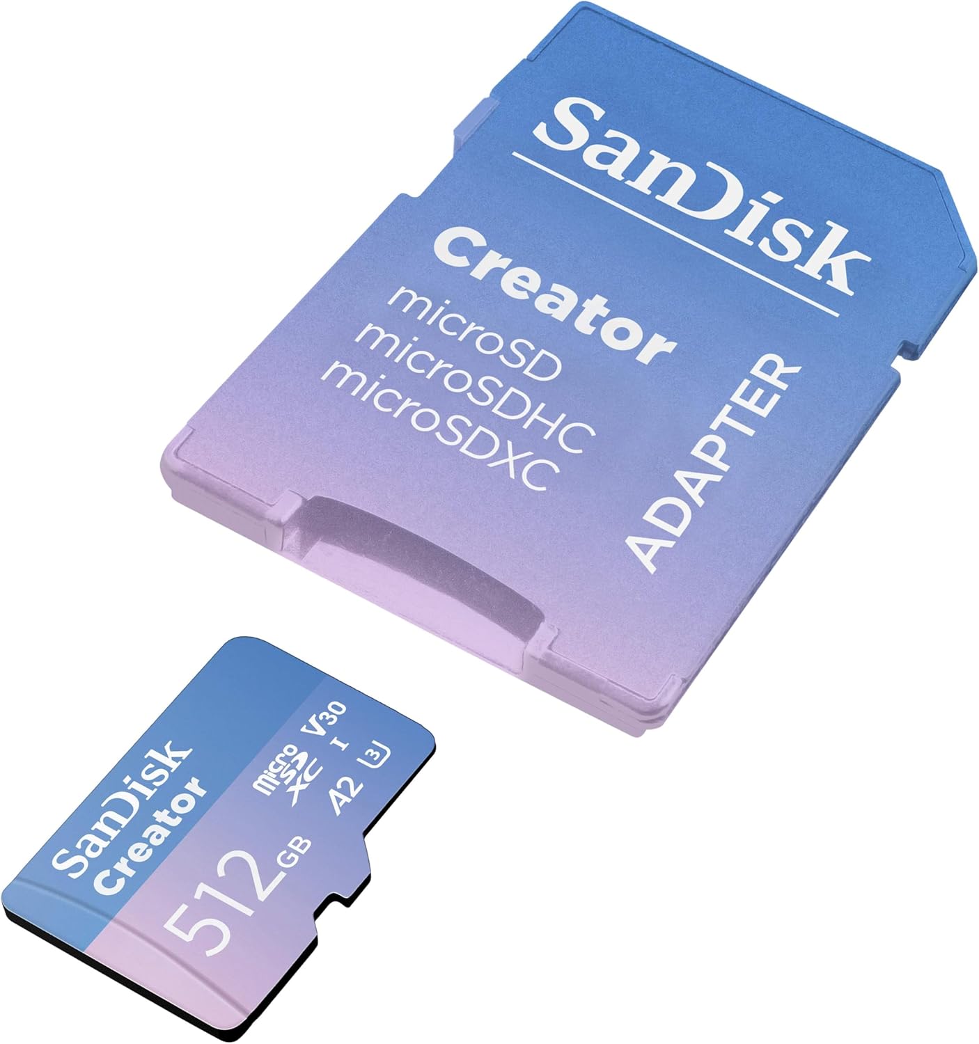SanDisk Creator microSDXC UHS-I + SD adapter 512 B (For Smartphones, Camera's and Drones, 5,3K & 4K, A2, C10, V30, U3, Speeds up to 190 MB/s, 3 months Adobe Lightroom included