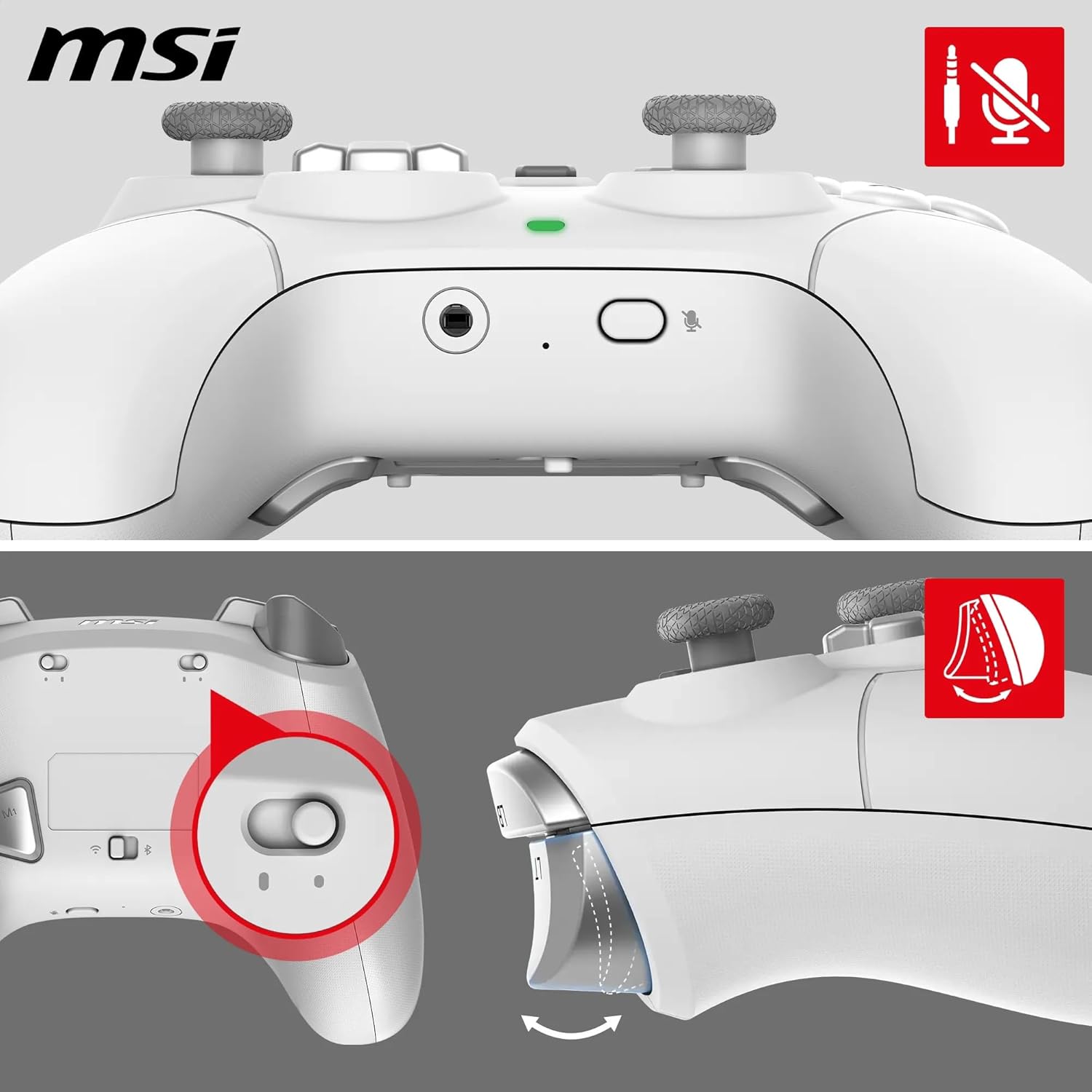 MSI FORCE GC300 WIRELESS WHITE Controller gaming per PC, Connessioni 2.4GHz, USB Type-C to A, Batteria Li-ion 600mAh (20h), D-Pad intercambiabile, doppi motori di vibrazione, cablata/wireless