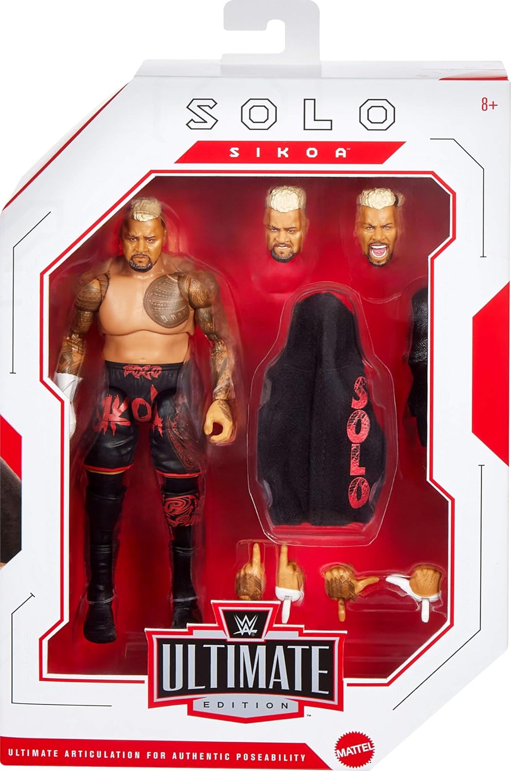 Mattel WWE Ultimate Edition Action Figure & Accessories, 6-inch Solo Sikoa Collectible Set, Swappable Heads & Hands, 30 Articulation Points