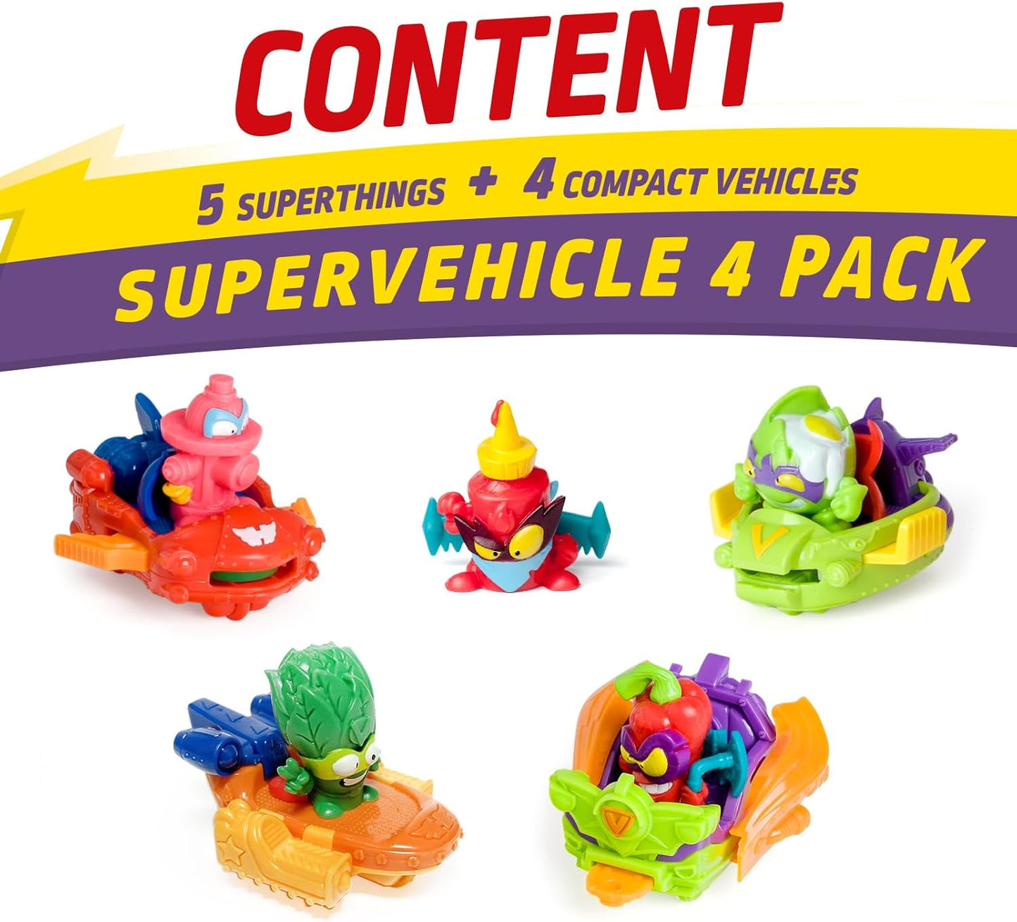 SUPERTHINGS LEGENDS - Super Vehicles 4 Pack. Assorted pack of the most legendary SuperThings characters. Includes 5 SuperThings and 4 vehicles. Contains products from series 1-9