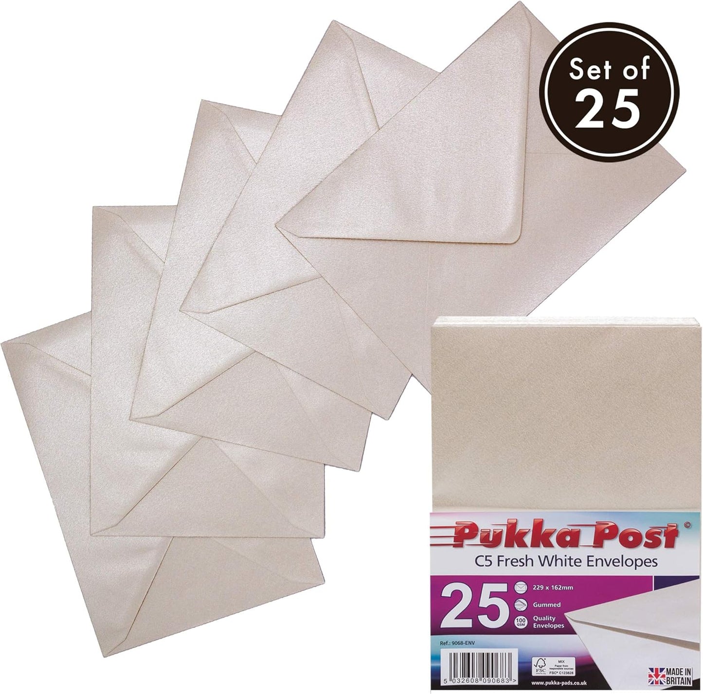Pukka Pad, Pukka Post & Packaging Gummed Envelopes - Pack of 25, Ready-to-Seal, Durable 100GSM Postal Envelopes for Letters, Invitations, and Other Mail - 229 x 162 mm, Size C5, Fresh White