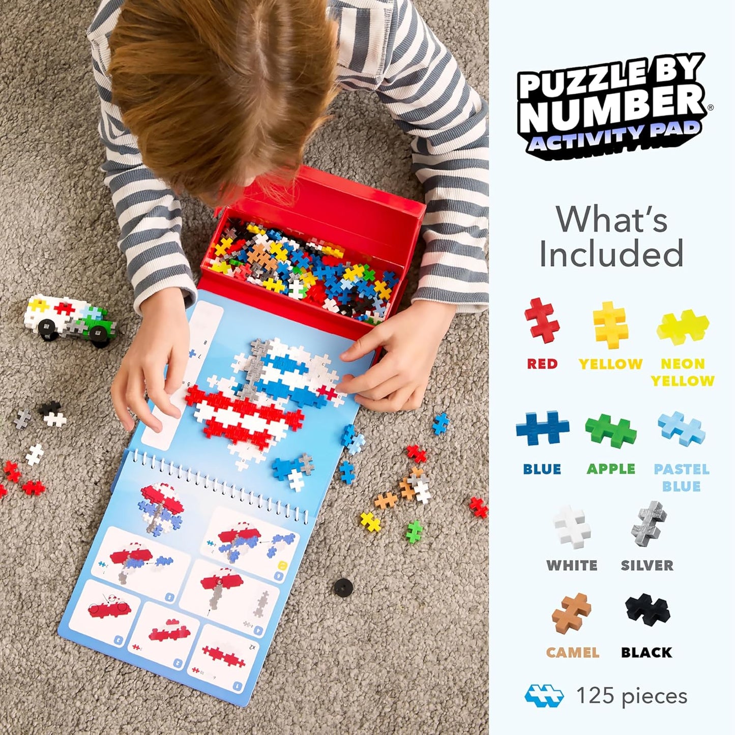 Plus Plus Travel Toys - Building Blocks Puzzle Play, Ideal Train, Car, or Plane Activities for Kids, 12 Pages with 125 Pieces in Attached Storage, Girls and Boys Toys Age 5 Plus