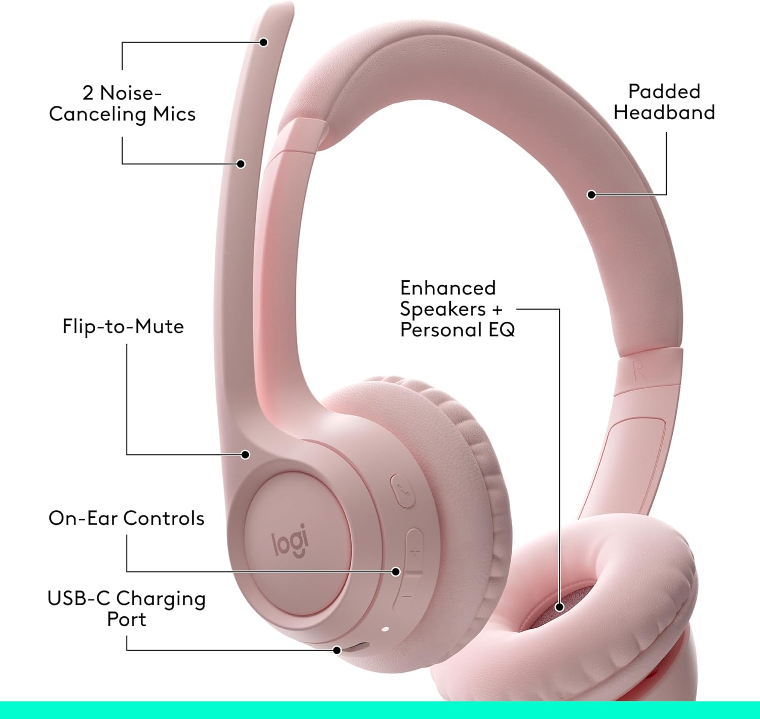Logitech Zone 300 Casque Bluetooth sans Fil avec Microphone Anti-Parasite, Compatible avec Windows, Mac, Chrome, Linux, iOS, iPadOS, Android - Rose