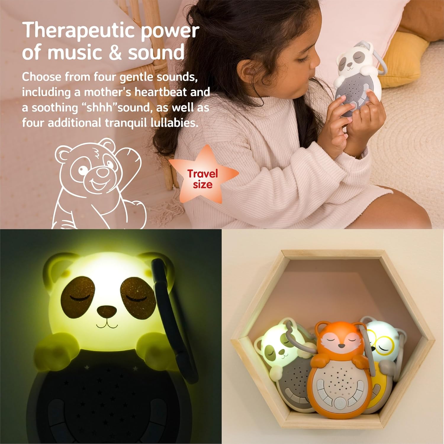 Cloud b Verzachtende geluidsmachine in reisformaat met rustgevend licht, 4 witte geluiden en 4 slaapliedjes, intelligente sensorreactivering, nachtlampje Panda Sweet Dreamz Panda reisformaat