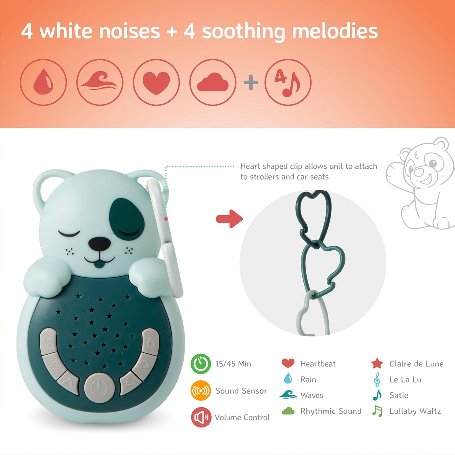 Cloud b Travel Comfort Sound Machine w/Calming Light | 4 White Noise and 4 Lullabies | Re-Activating Smart Sensor | Sweet Dreamz Dog