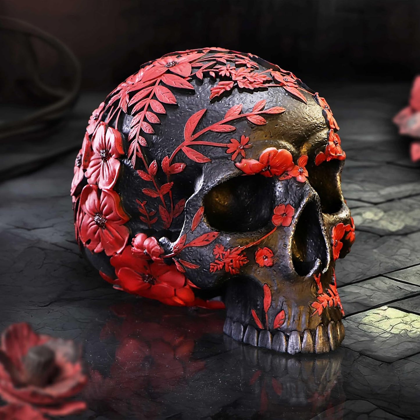 Nemesis Now Poppy Skull Ornament, Resin, Black, 14cm