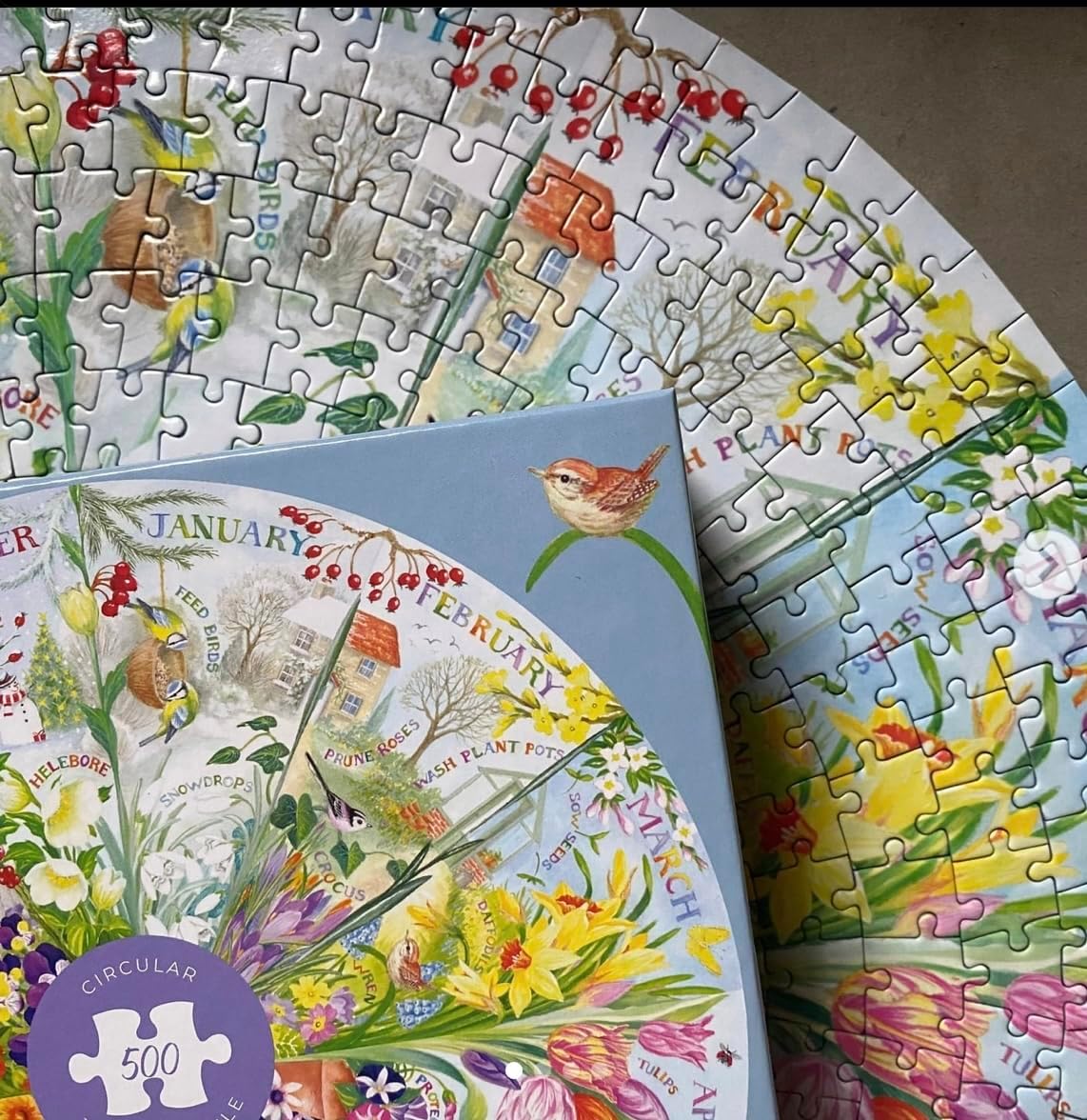 A Year in the Garden Circular | 500 Piece Circular Jigsaw | Nature Seasons Puzzle | Sustainable Jigsaw Puzzle for Adults | Premium 100% Recycled Board | Great Gift for Adults | Gibsons Games