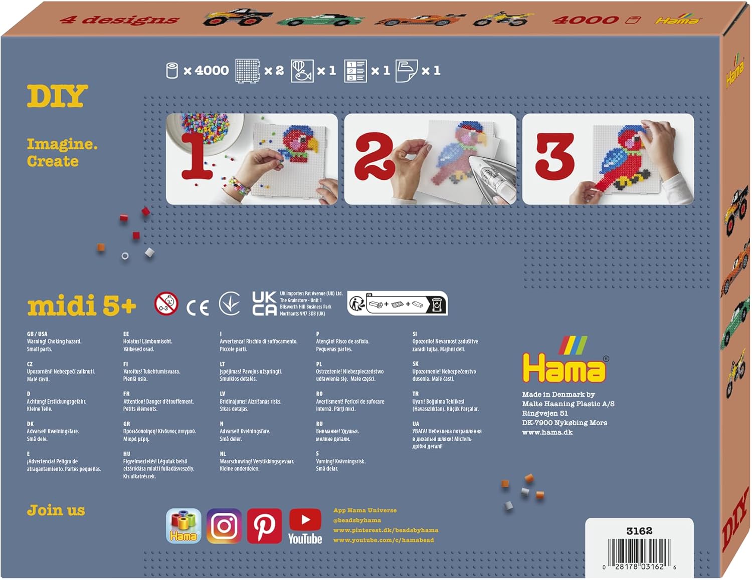 Hama Gift Box - Vehicles | Approx. 4.000 Beads, 2 Large Square pegboards No. 234, Colour Printed Design Sheet, Instructions and Ironing Paper