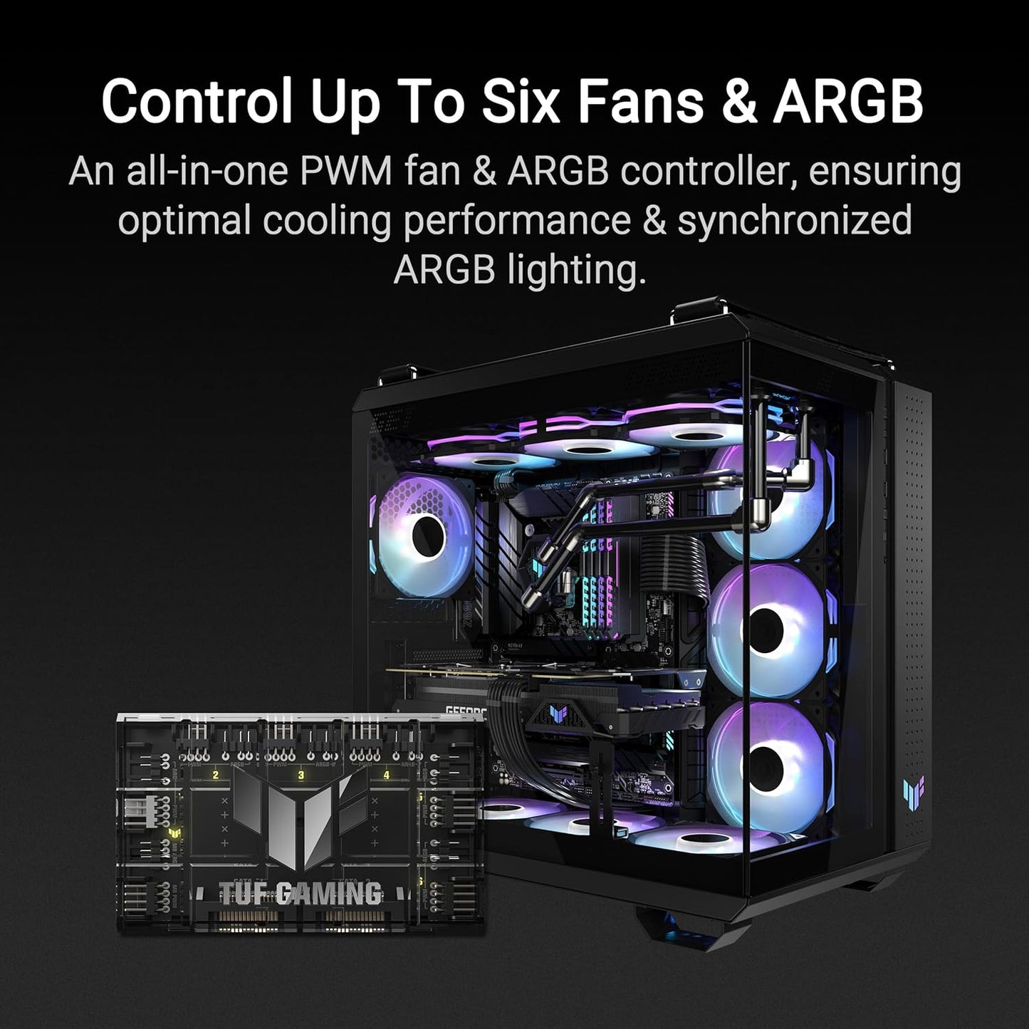 ASUS TUF Gaming ARGB PWM Fan Hub (6x Ports for PWM Case Fan and ARGB Control, 2x SATA Power Ports, Synchronises Cooling and Light Effects, Magnetic Mount, Power Indicator
