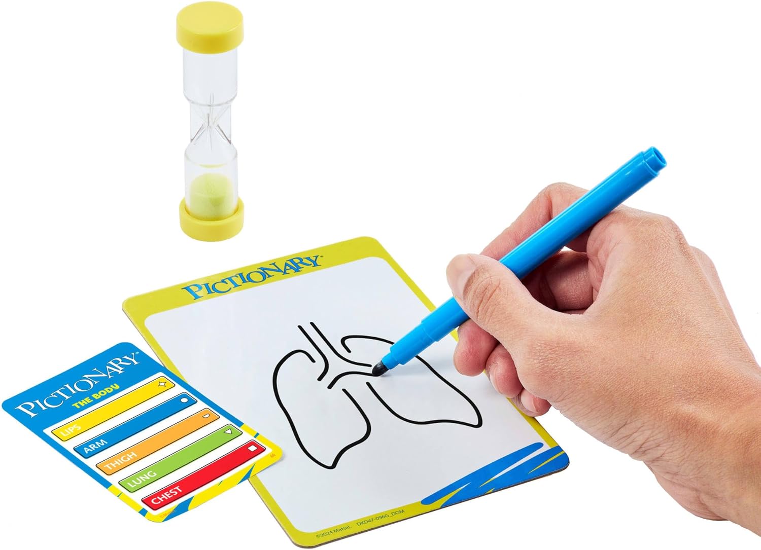 Mattel Games Pictionary Family Board Game for Kids, Adults and Game Night for 2 Teams with Erasable Markers, Boards and Sand Timer, JDX96