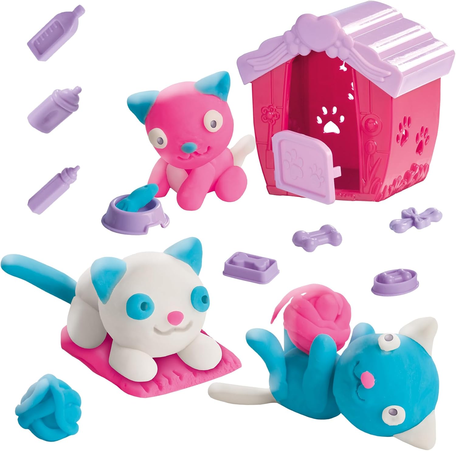 SES Creative 00506 Dough Kitten Play Set - Shape Your Own Kittens with Gluten-Free Dough - Includes Cat House and Accessories - Safe and Creative Fun for Kids Aged 3+