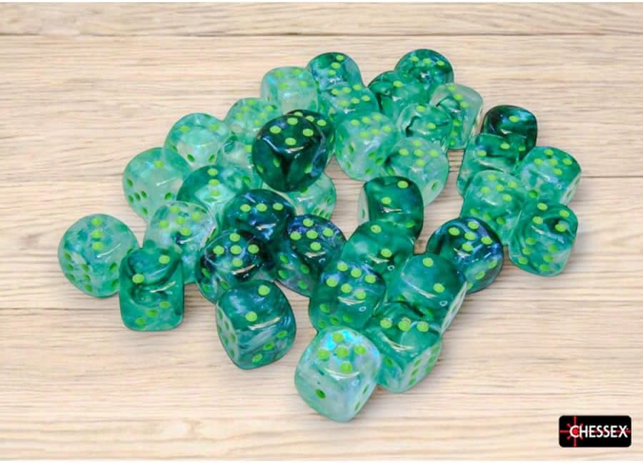 Kelp Borealis Luminary Dice with Light Green Pips D6 12mm (1/2in) Pack of 36 Chessex