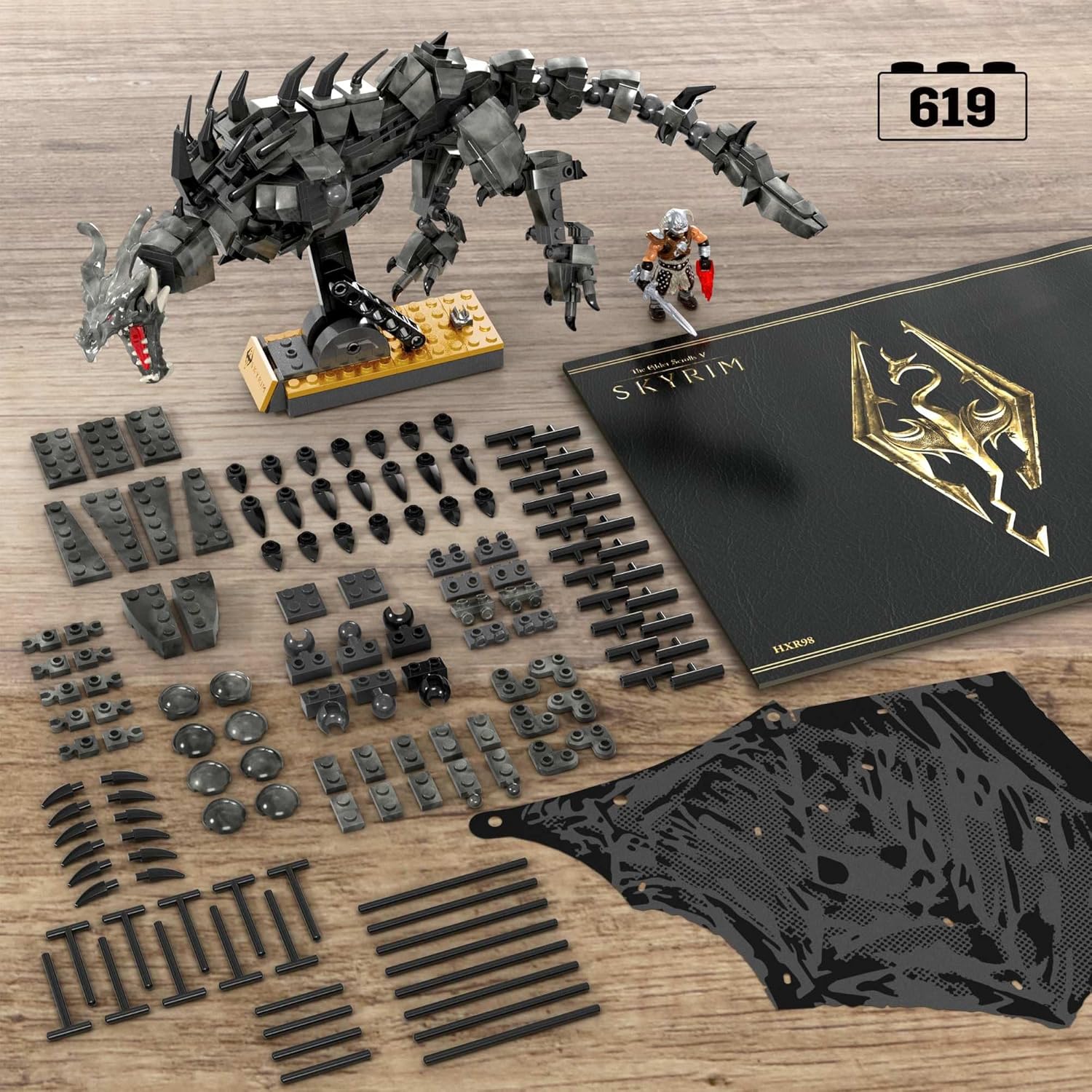 MEGA Skyrim Alduin Le Dévoreur de Mondes, figurine à construire de 619 pièces avec 1 personnage Dragonborn pour les collectionneurs, HXR98
