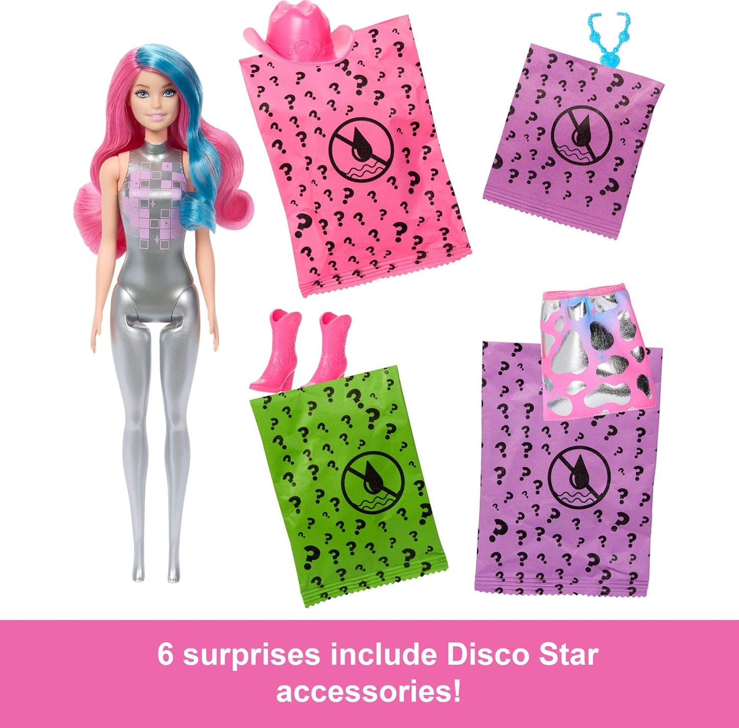 Barbie Color Reveal Fashion Doll & Accessories with 6 Surprises, Disco Star Series with Metallic Shine & Color-Change Bodice (Styles May Vary), JCP01