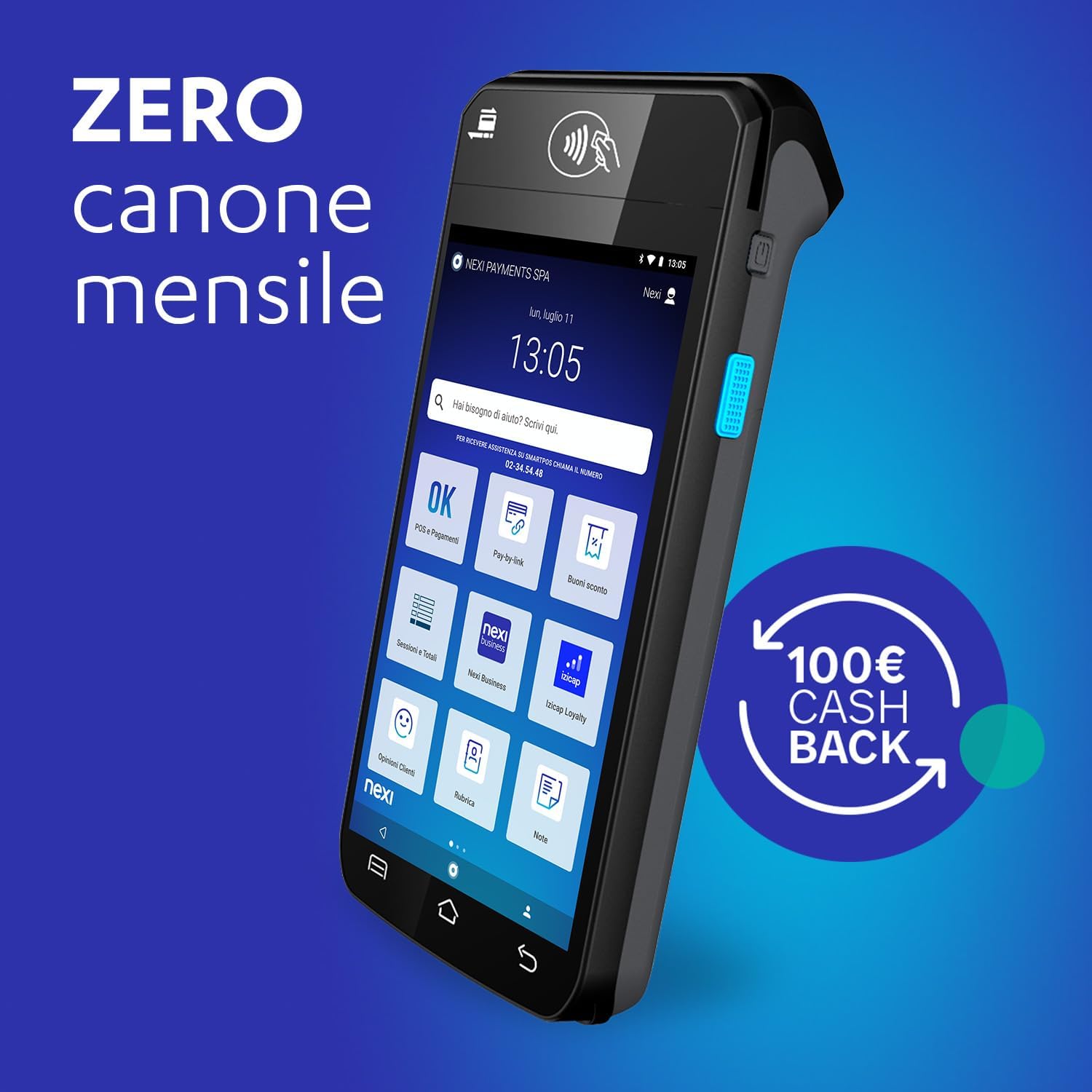 Nexi SmartPOS Mini a Canone Zero, Pos Portatile Contactless, Lettore Elettronico Portatile per Pagamenti con Bancomat, Carta di Credito, Prepagata, Apple Pay e Google Pay